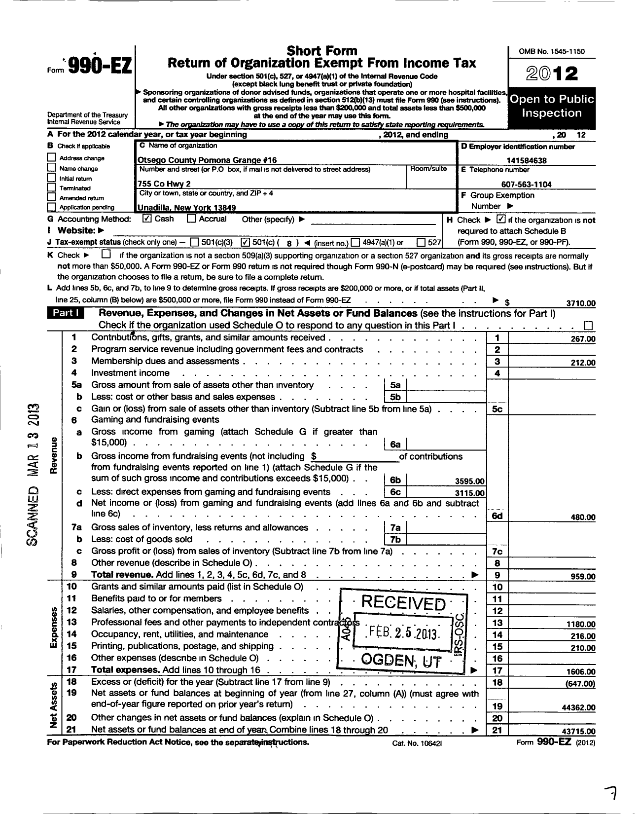 Image of first page of 2012 Form 990EO for Nys Grange - Otsego County Pomona Grange