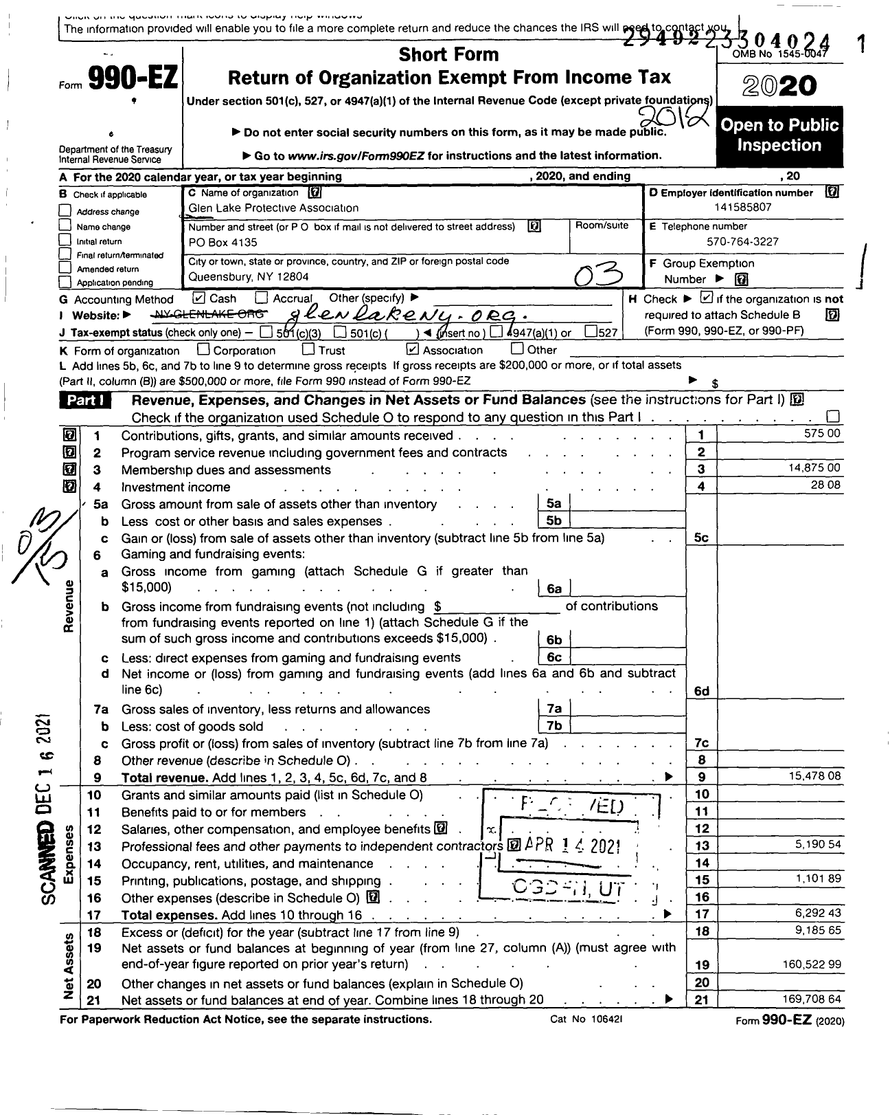 Image of first page of 2020 Form 990EZ for Glen Lake Protective Association