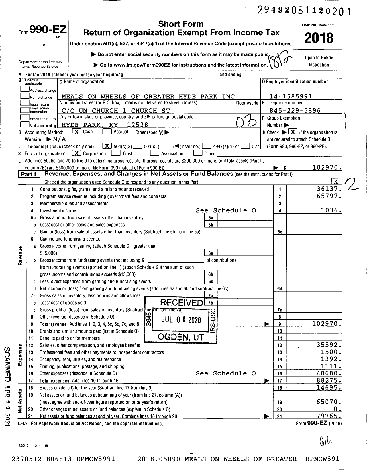 Image of first page of 2018 Form 990EZ for Meals on Wheels of Greater Hyde Park