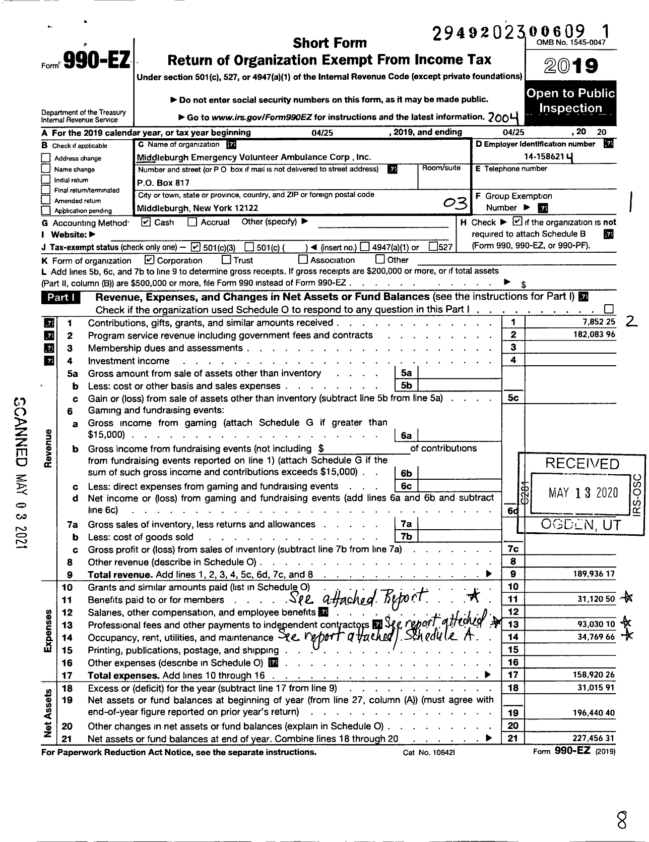 Image of first page of 2019 Form 990EZ for Middleburgh Emergency Volunteer Ambulance Corps