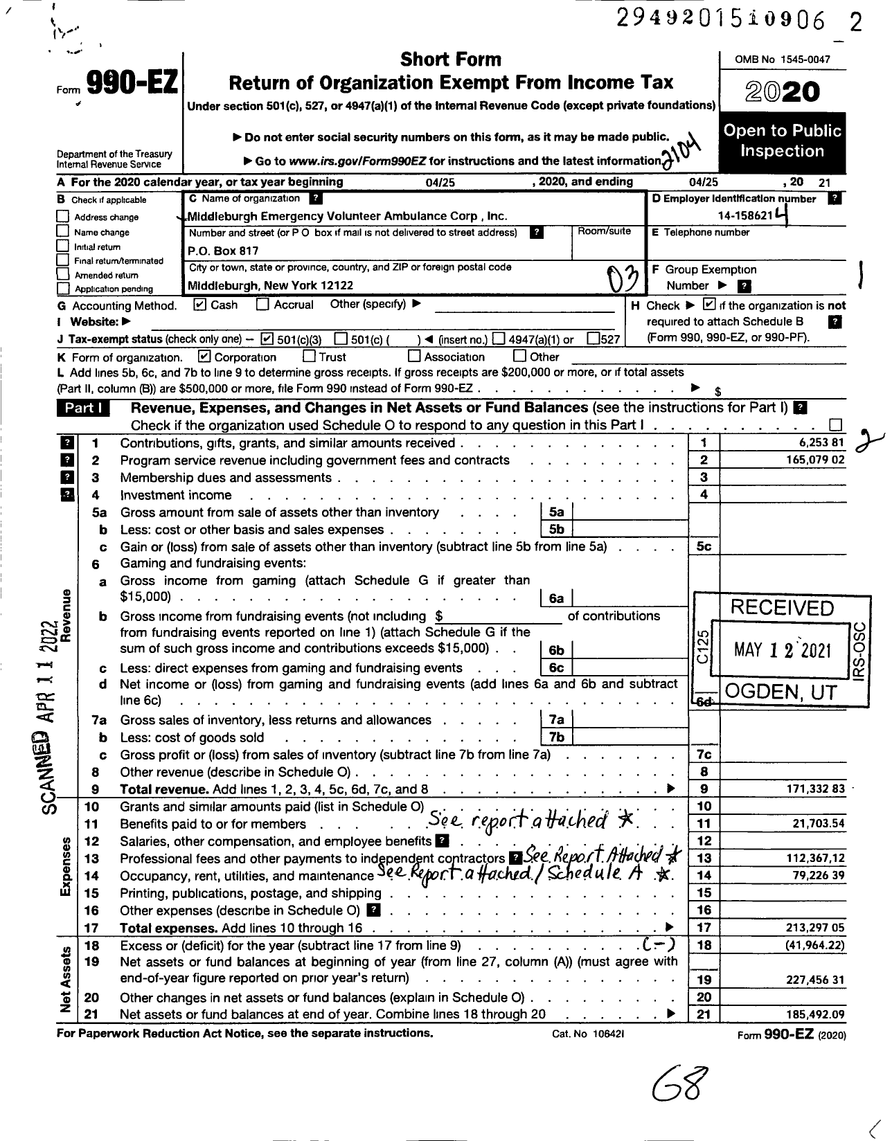 Image of first page of 2020 Form 990EZ for Middleburgh Emergency Volunteer Ambulance Corps