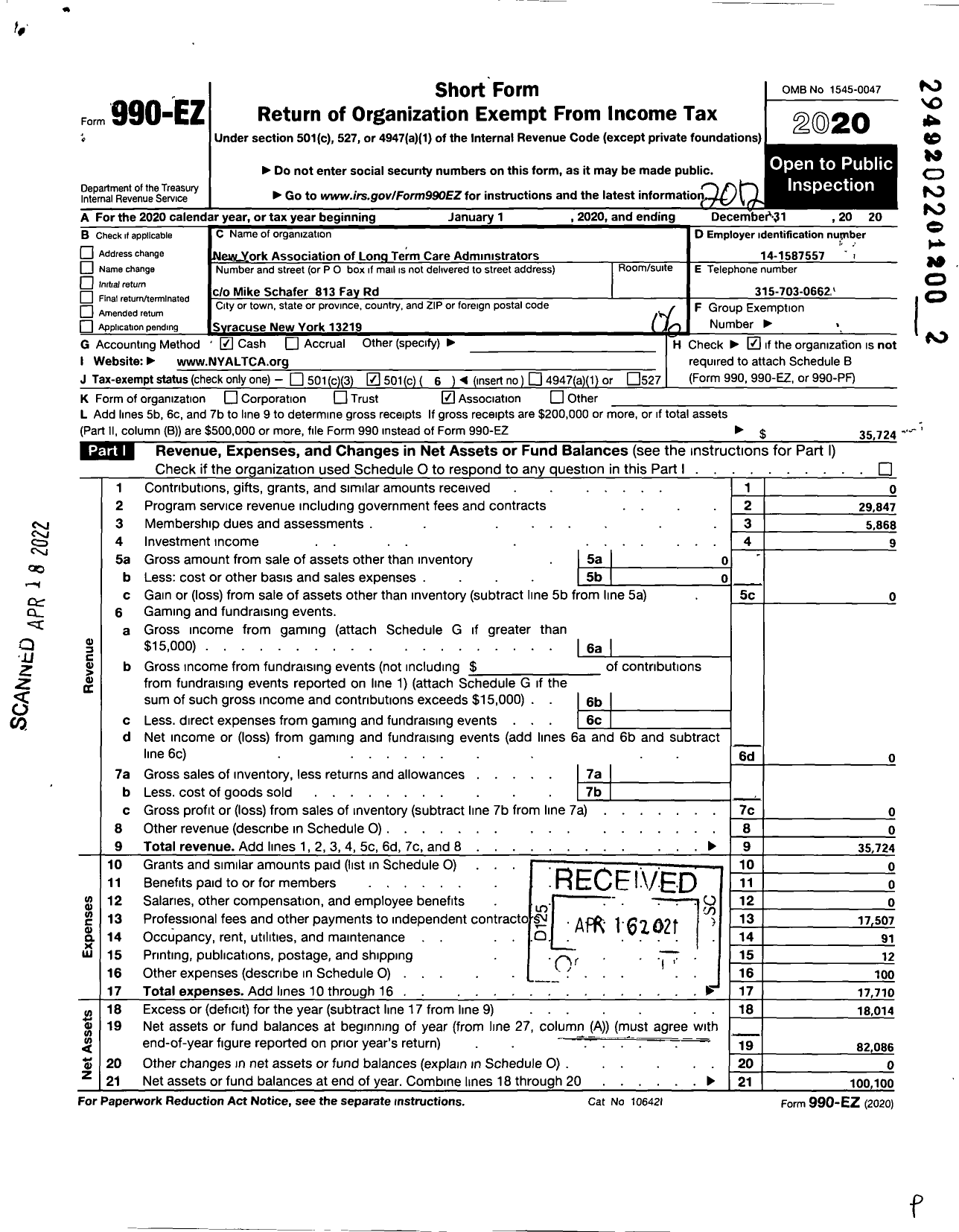 Image of first page of 2020 Form 990EO for New York Association of Long-Term Care Administrators