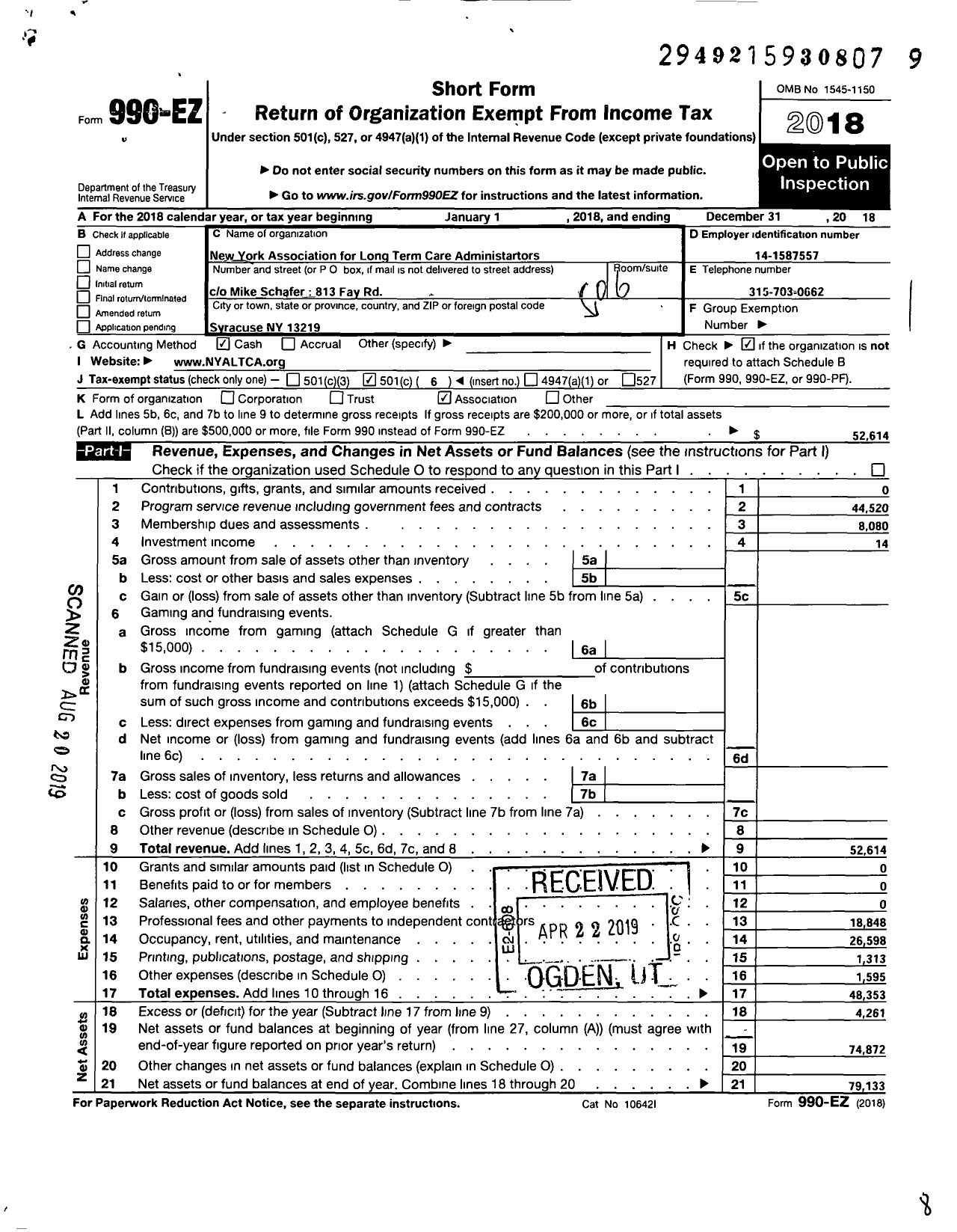 Image of first page of 2018 Form 990EO for New York Association of Long-Term Care Administrators