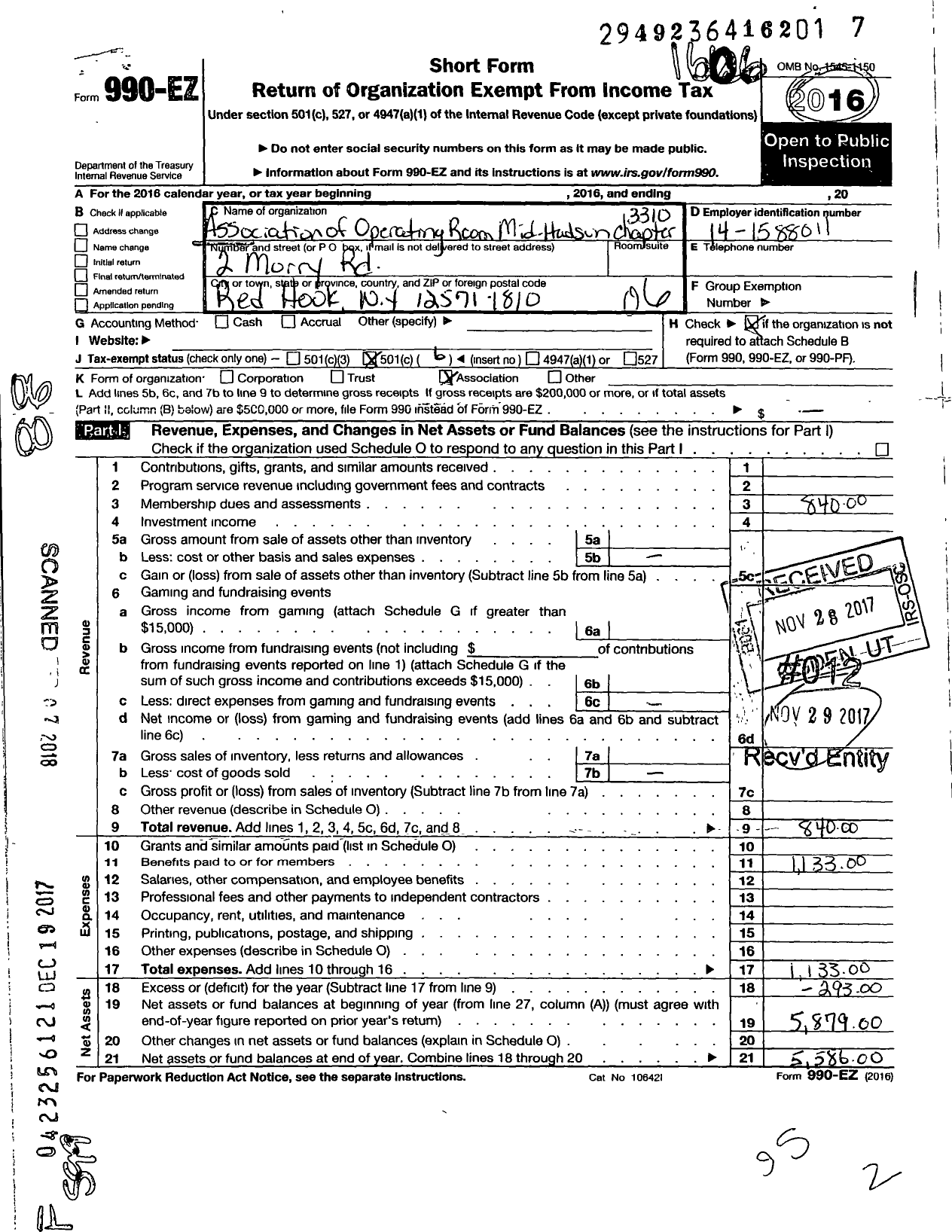 Image of first page of 2015 Form 990EO for Association of Operating Room Nurses - 3310 Mid-Hudson New York