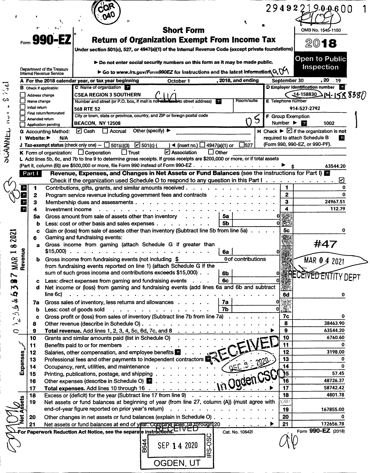 Image of first page of 2018 Form 990EO for Civil Service Employees Association - 1000 Region 3-southern