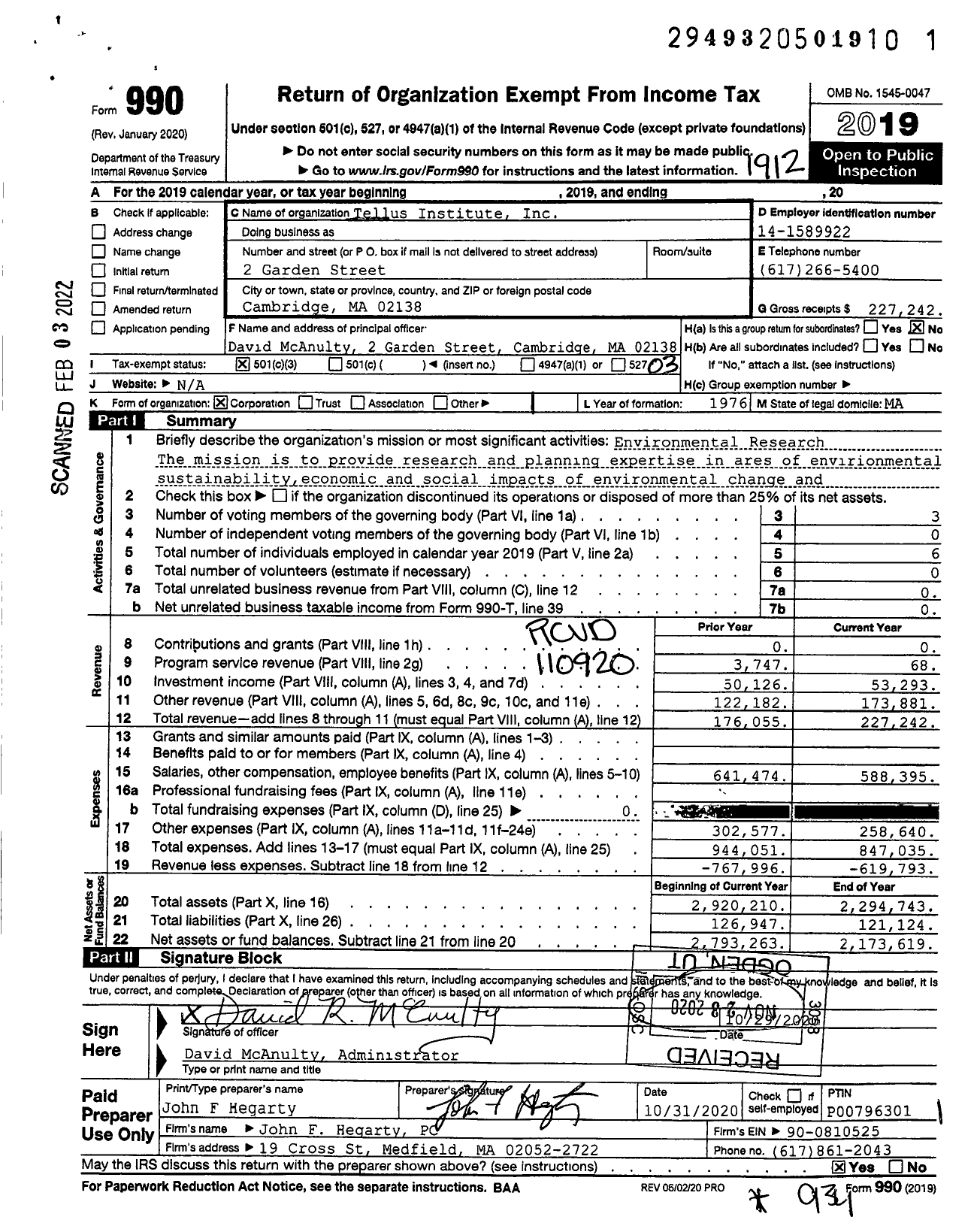 Image of first page of 2019 Form 990 for Tellus Institute