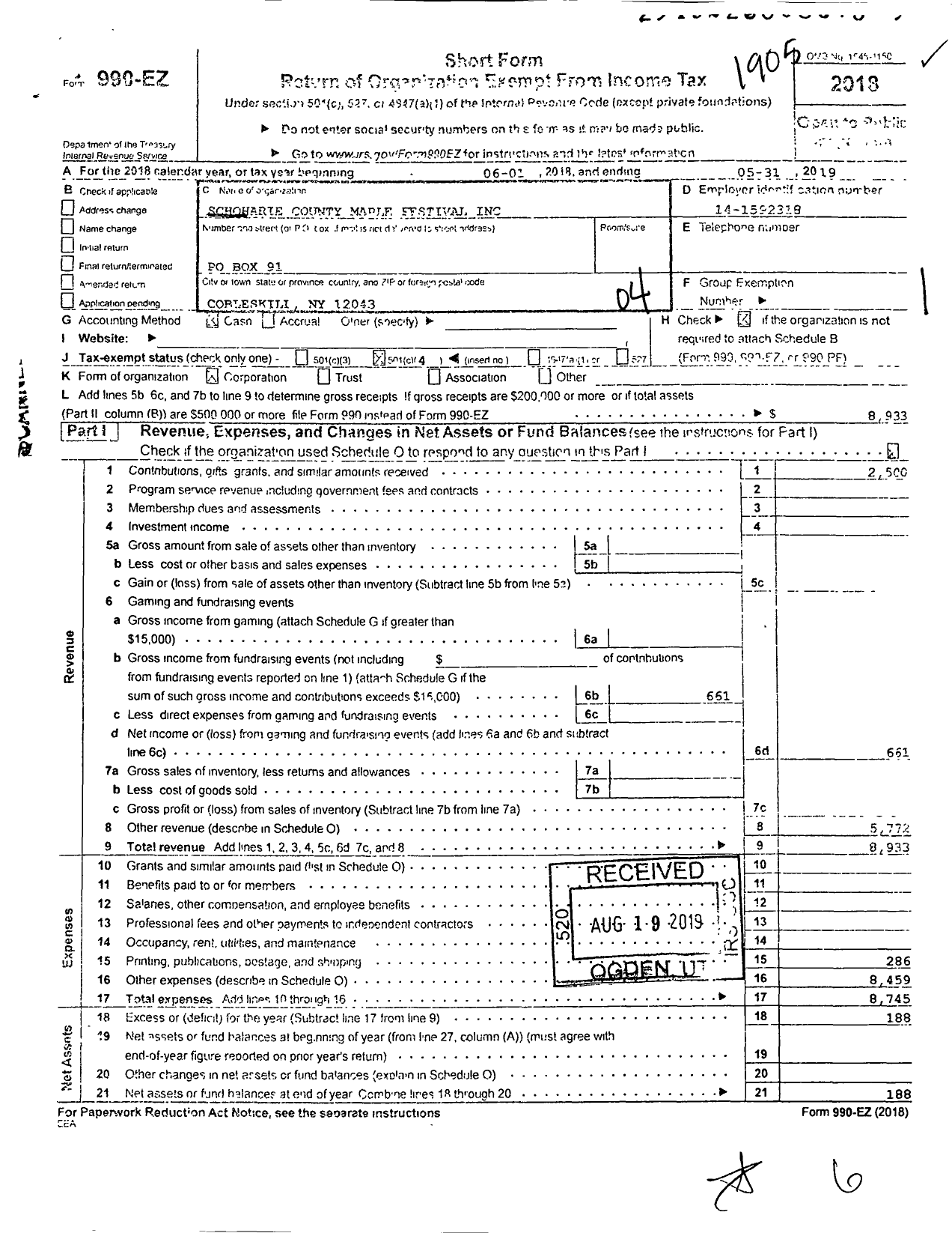 Image of first page of 2018 Form 990EO for Schoharie County Maple Festival C O Ken Hotopp