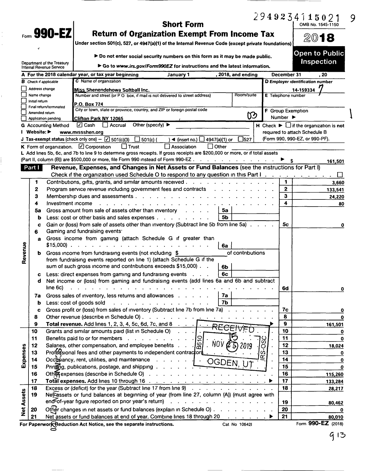 Image of first page of 2018 Form 990EZ for miss shenendehowa softball