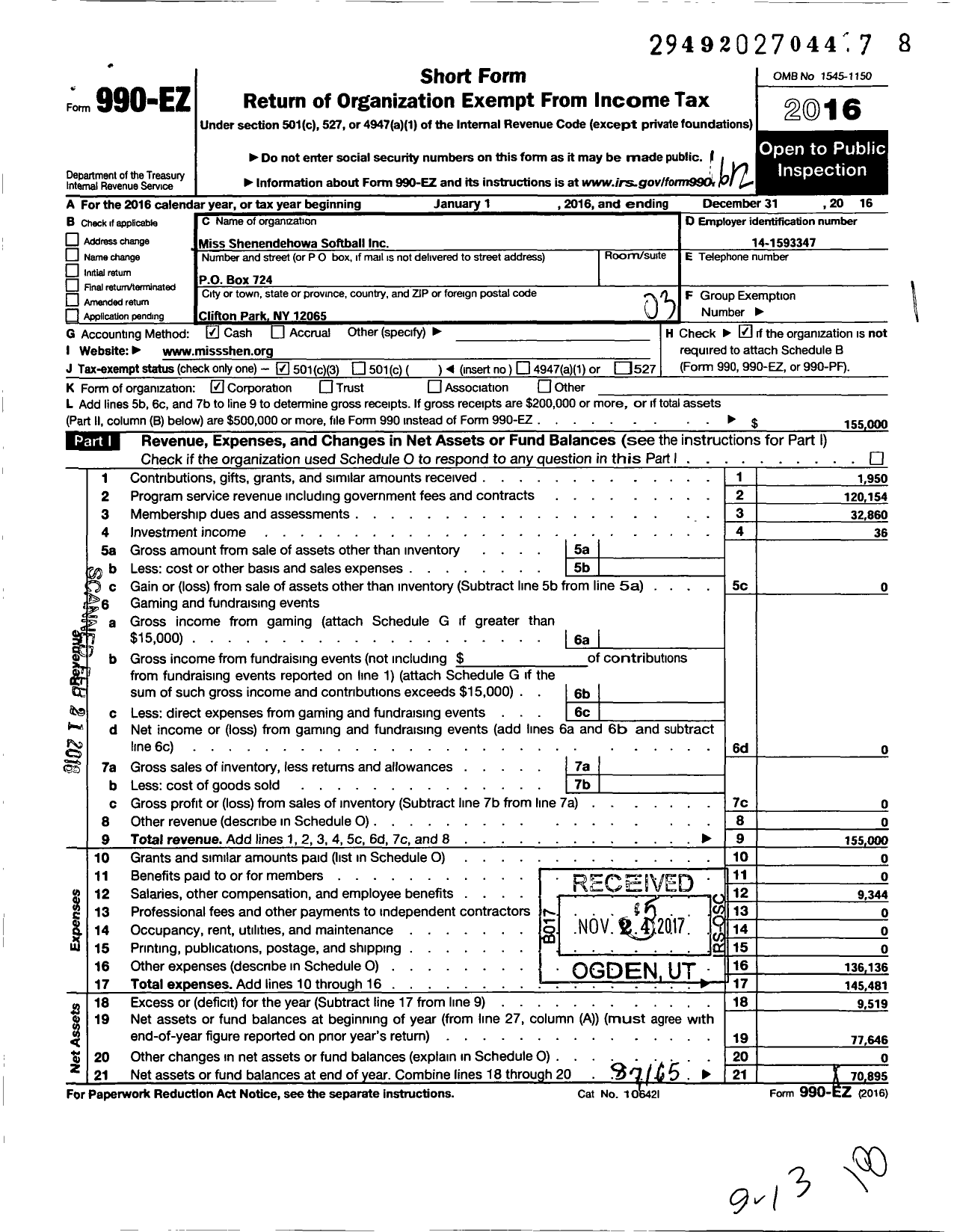 Image of first page of 2016 Form 990EZ for miss shenendehowa softball