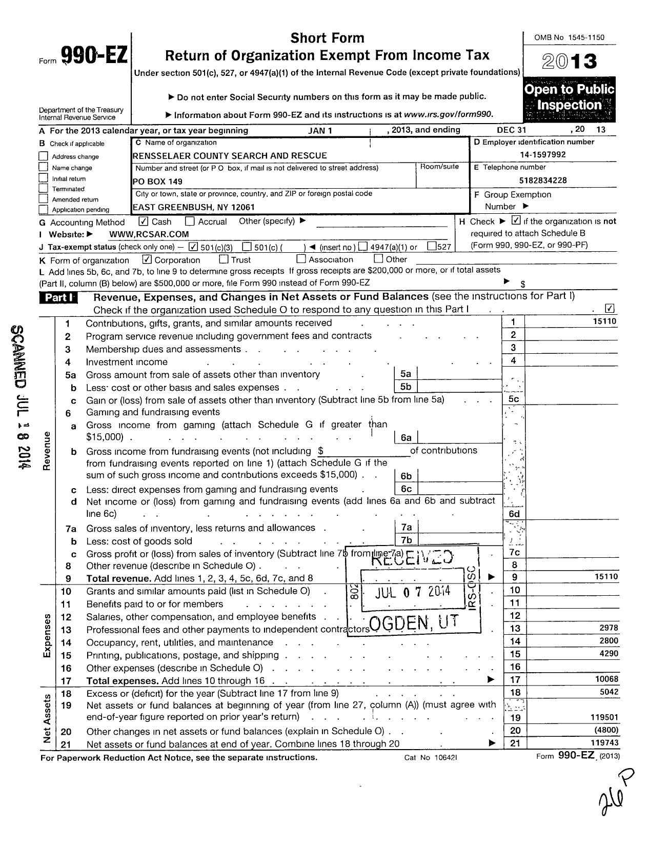 Image of first page of 2013 Form 990EZ for Rensselaer County Search and Rescue