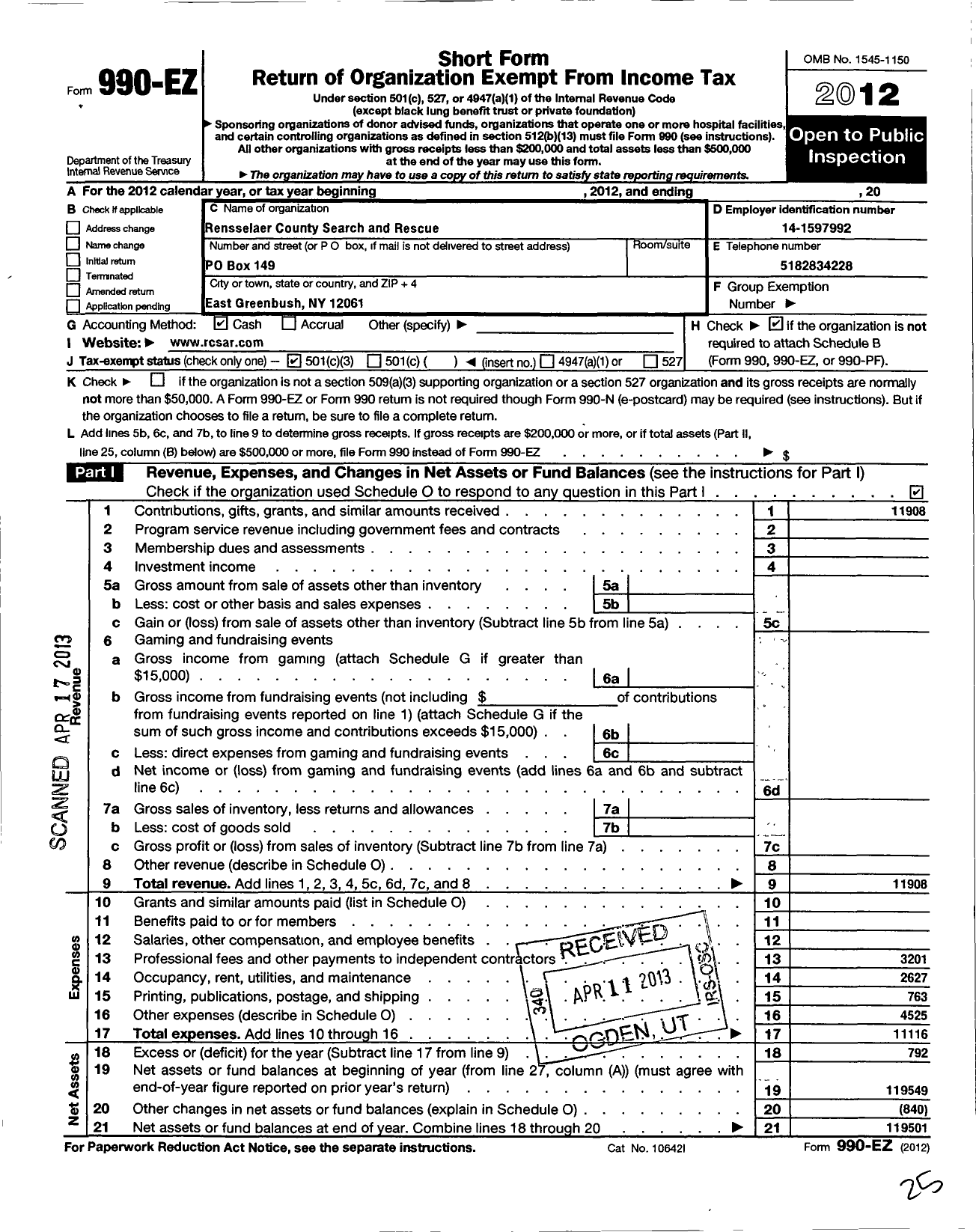 Image of first page of 2012 Form 990EZ for Rensselaer County Search and Rescue