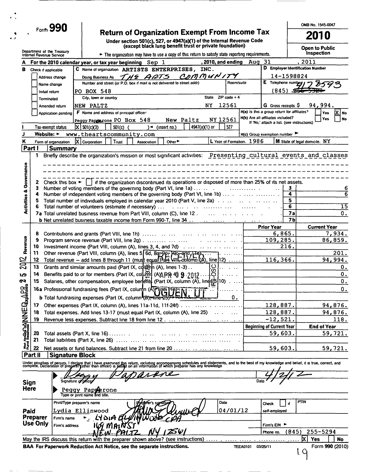 Image of first page of 2010 Form 990 for Artists Enterprises