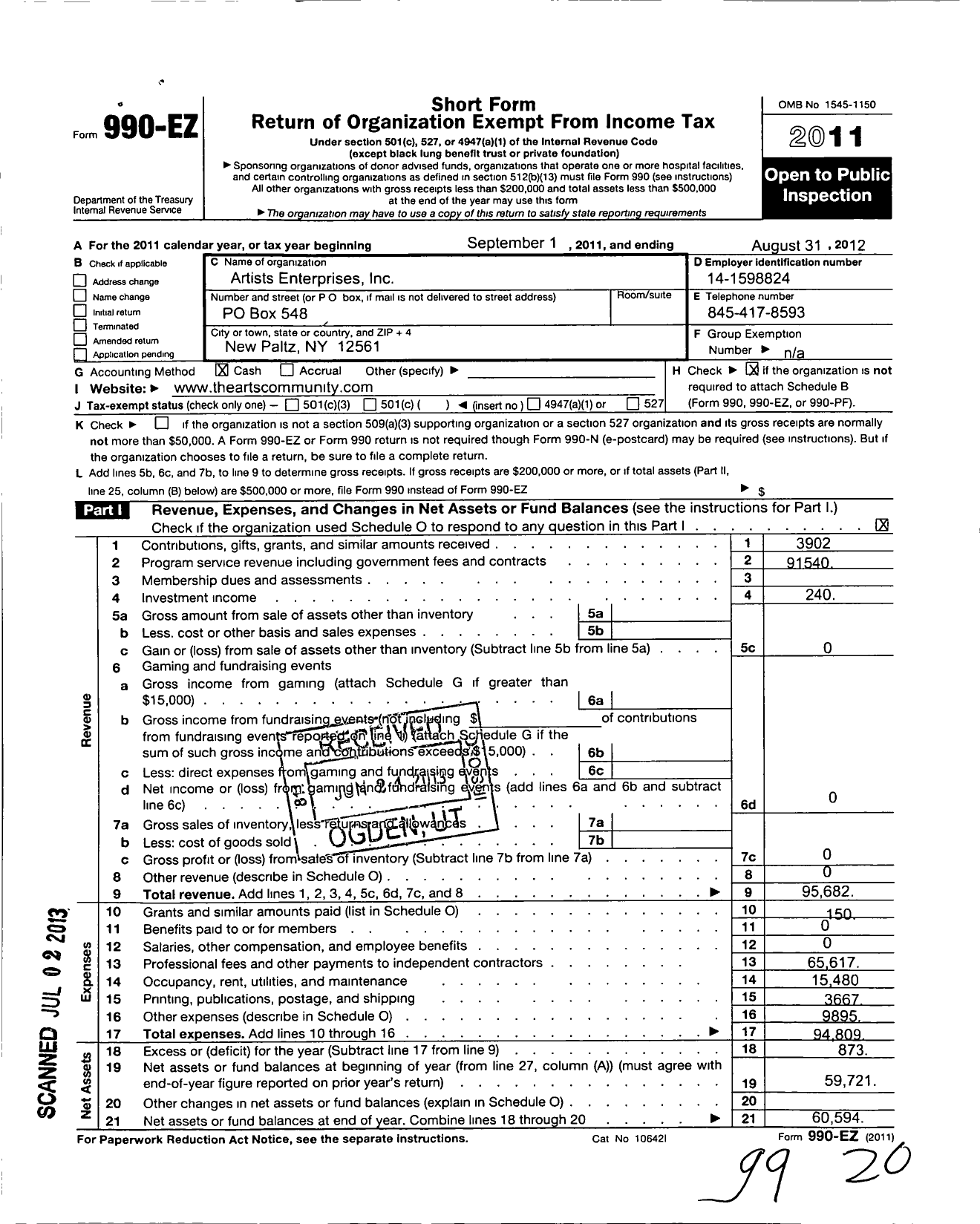 Image of first page of 2011 Form 990EO for Artists Enterprises