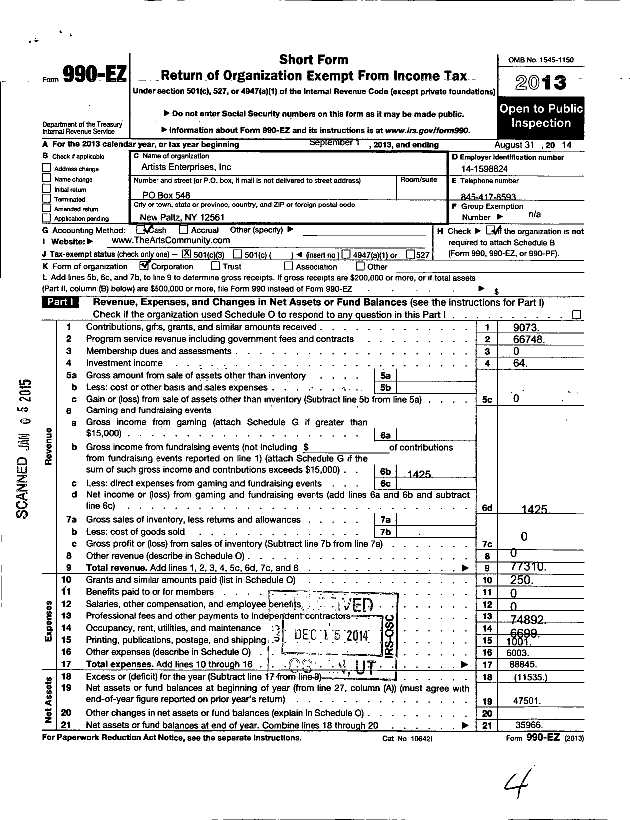 Image of first page of 2013 Form 990EZ for Artists Enterprises