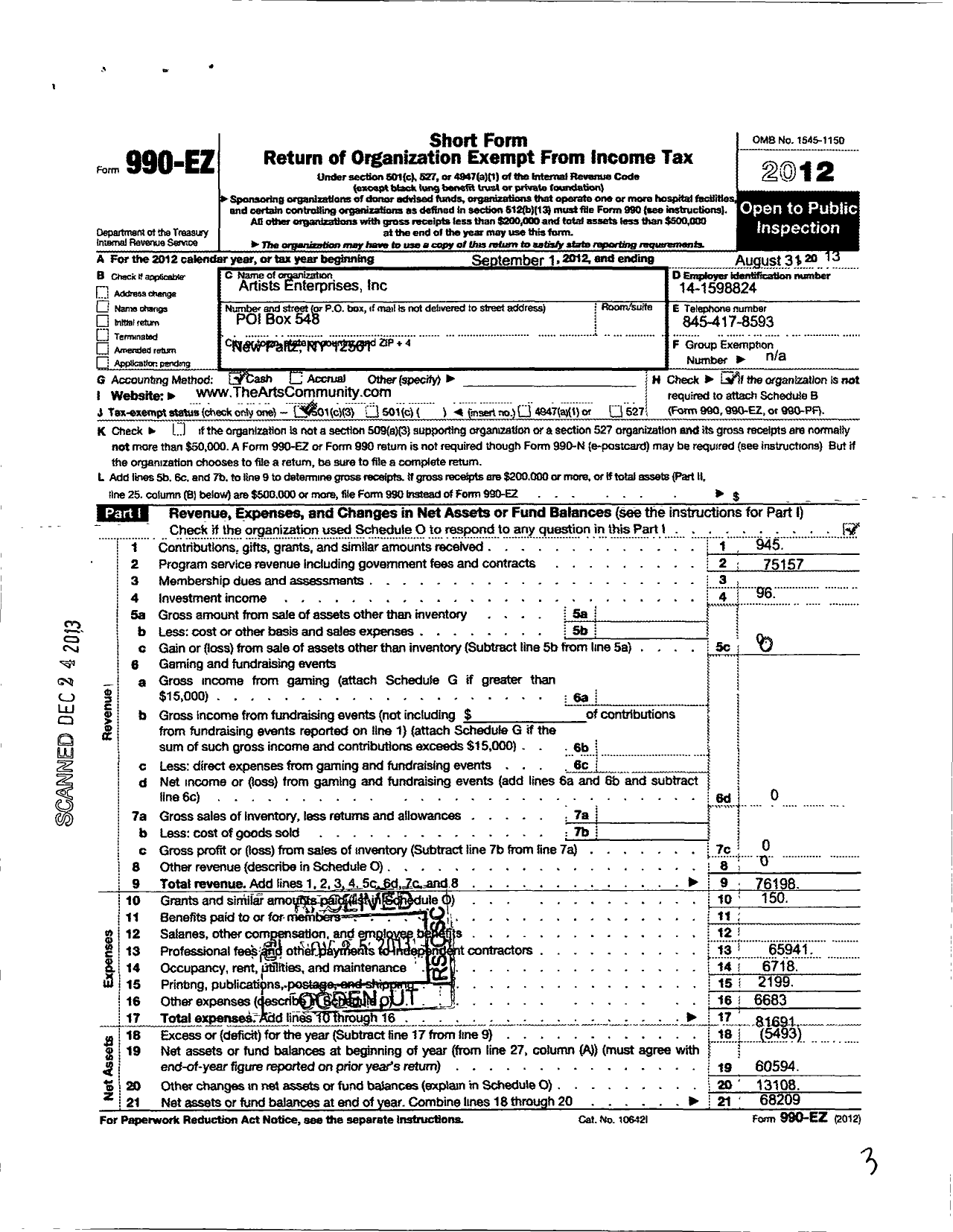 Image of first page of 2012 Form 990EZ for Artists Enterprises