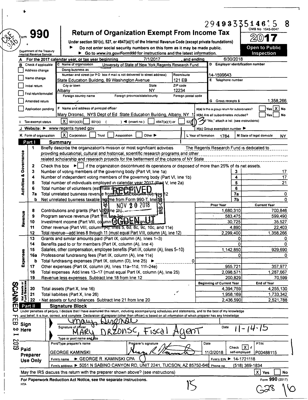 Image of first page of 2017 Form 990 for University of the State of New York Regents Research Fund (USNY)