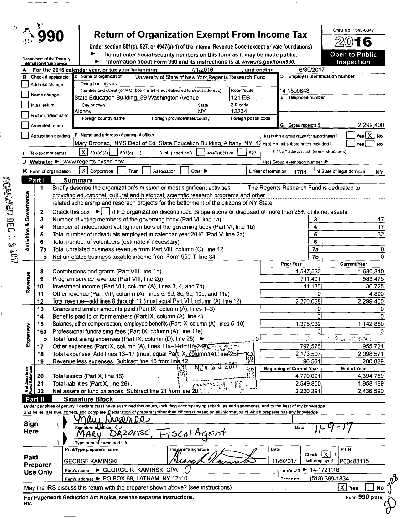 Image of first page of 2016 Form 990 for University of the State of New York Regents Research Fund (USNY)