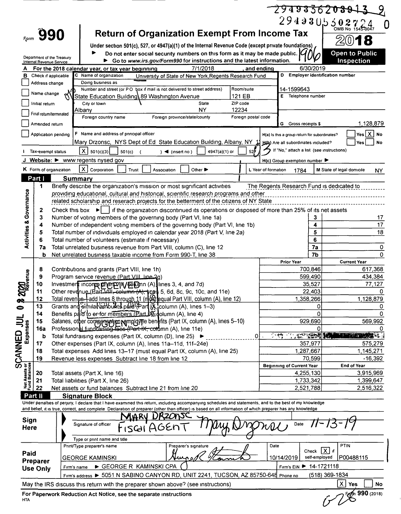 Image of first page of 2018 Form 990 for University of the State of New York Regents Research Fund (USNY)