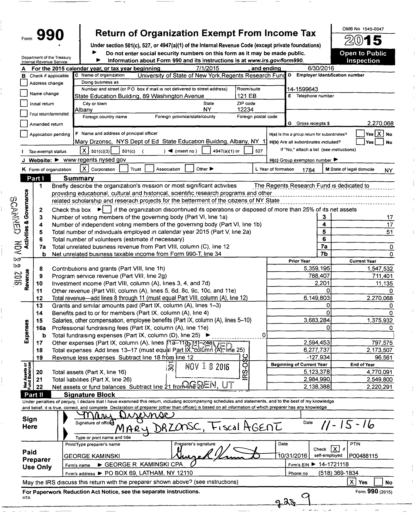 Image of first page of 2015 Form 990 for University of the State of New York Regents Research Fund (USNY)