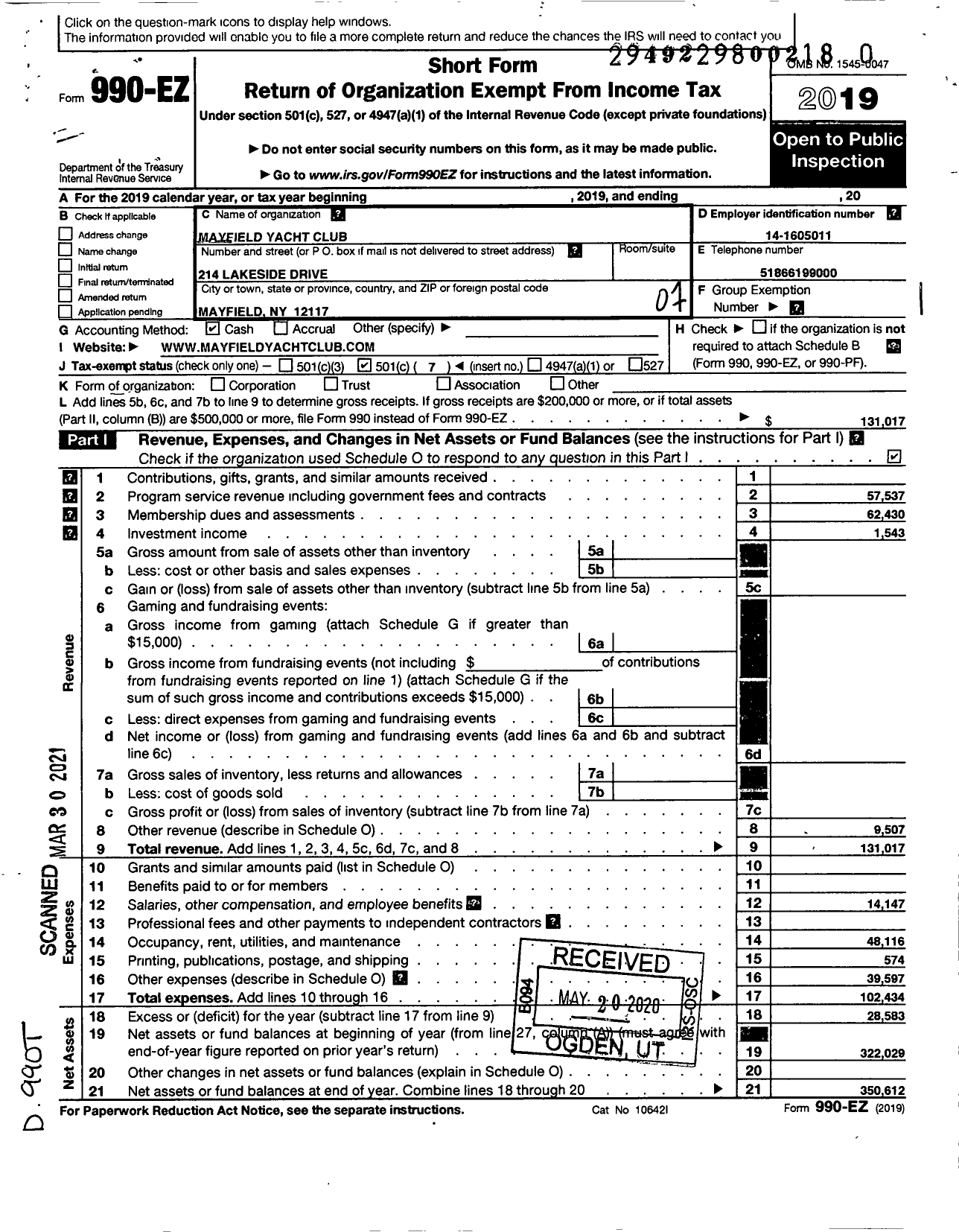 Image of first page of 2019 Form 990EO for Mayfield Yacht Club