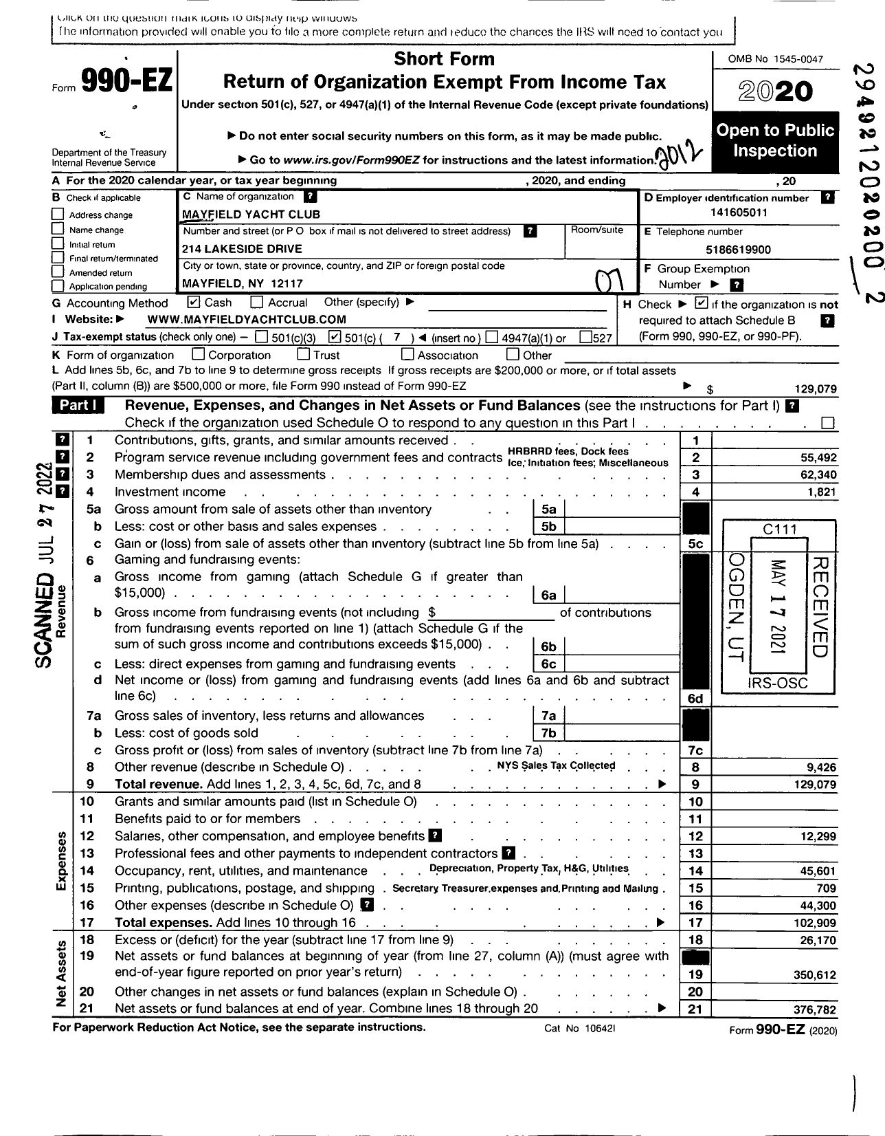 Image of first page of 2020 Form 990EO for Mayfield Yacht Club