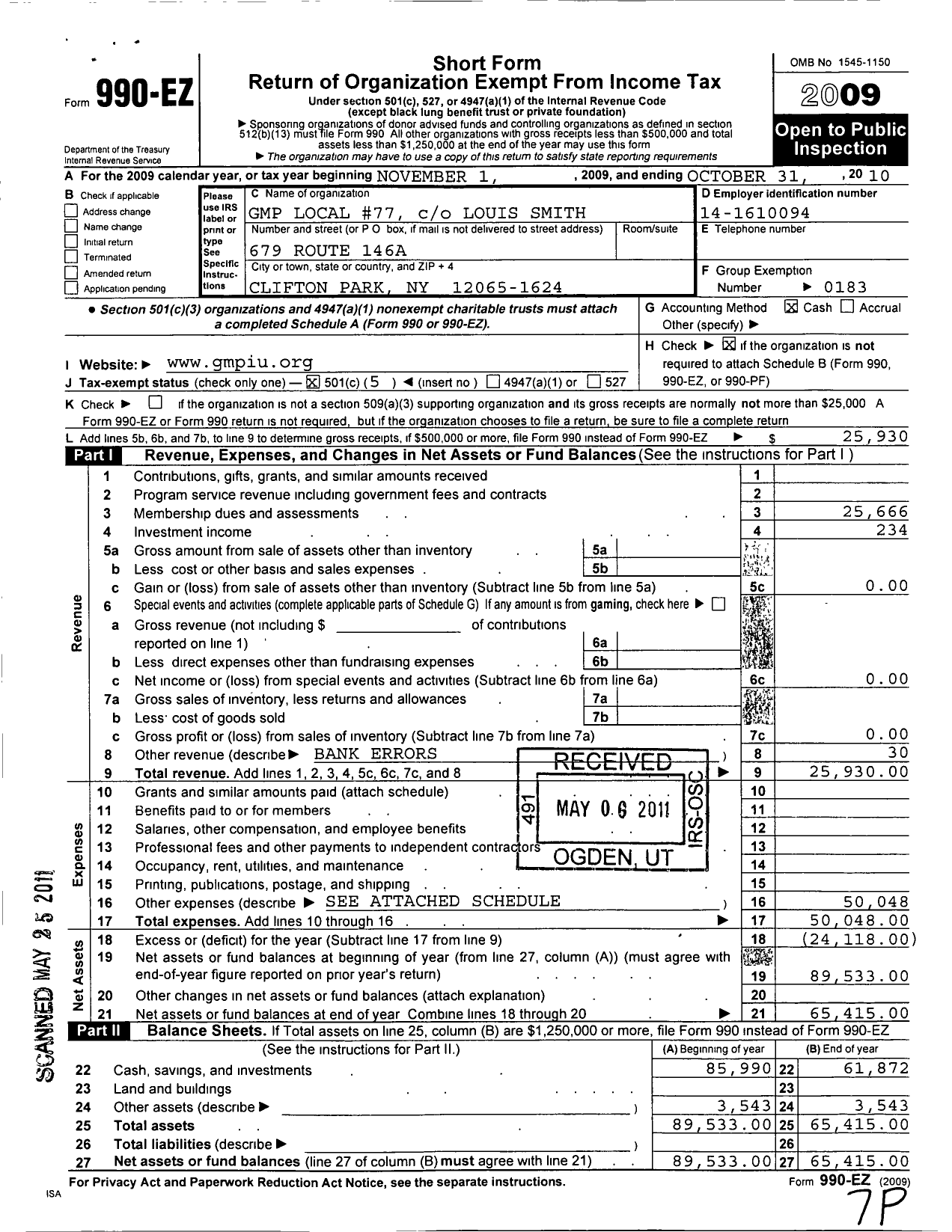 Image of first page of 2009 Form 990EO for United Steelworkers - 00077M Local