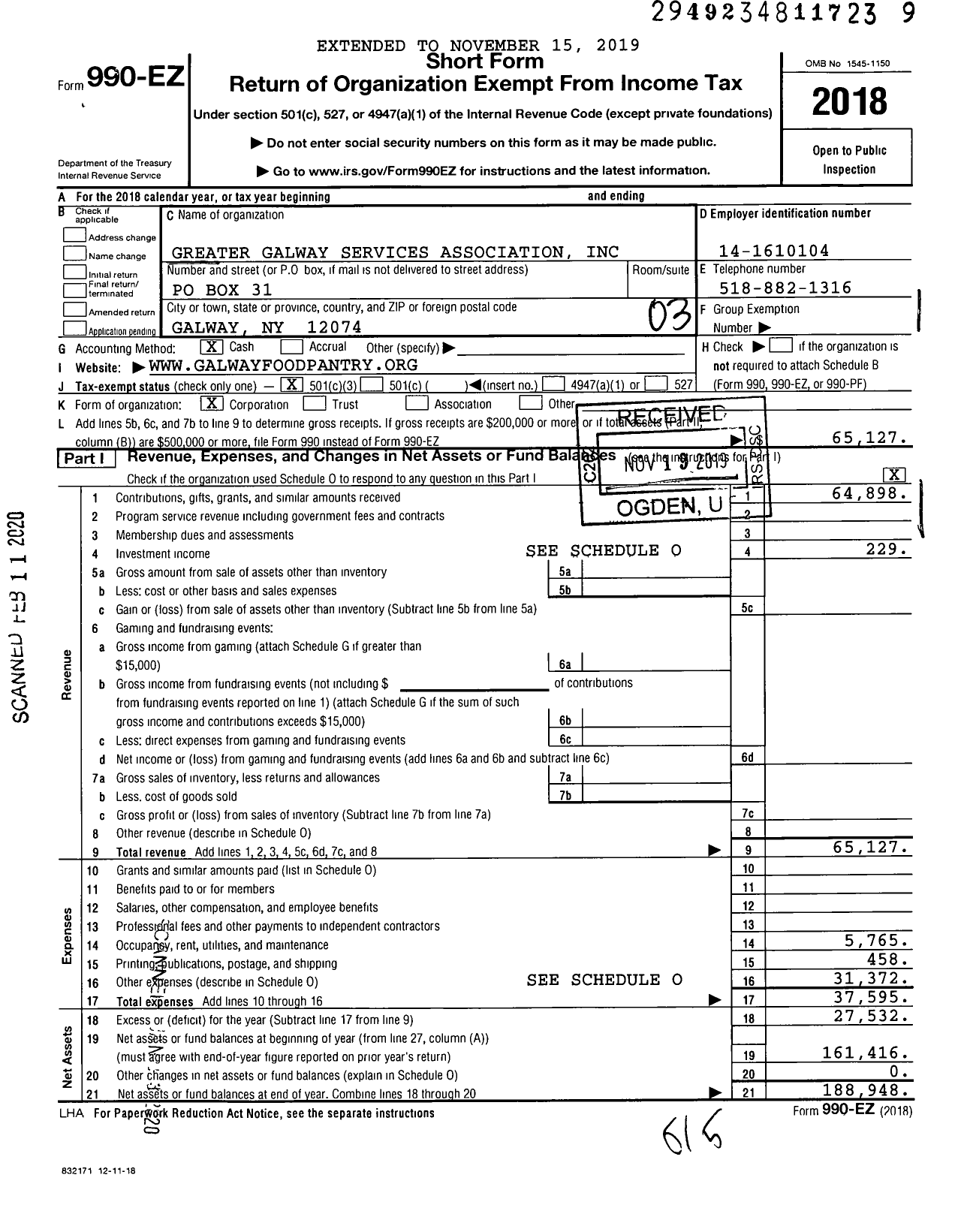 Image of first page of 2018 Form 990EZ for Greater Galway Community Services Association