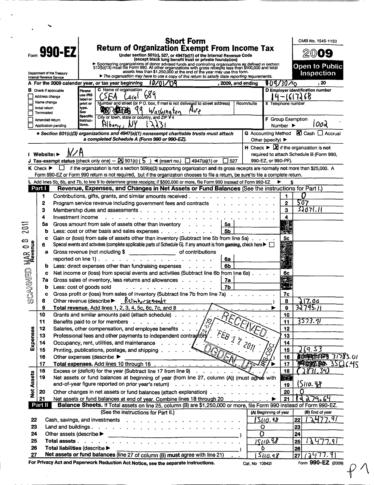 Image of first page of 2009 Form 990EO for Civil Service Employees Association - 0689 Department of State Albany