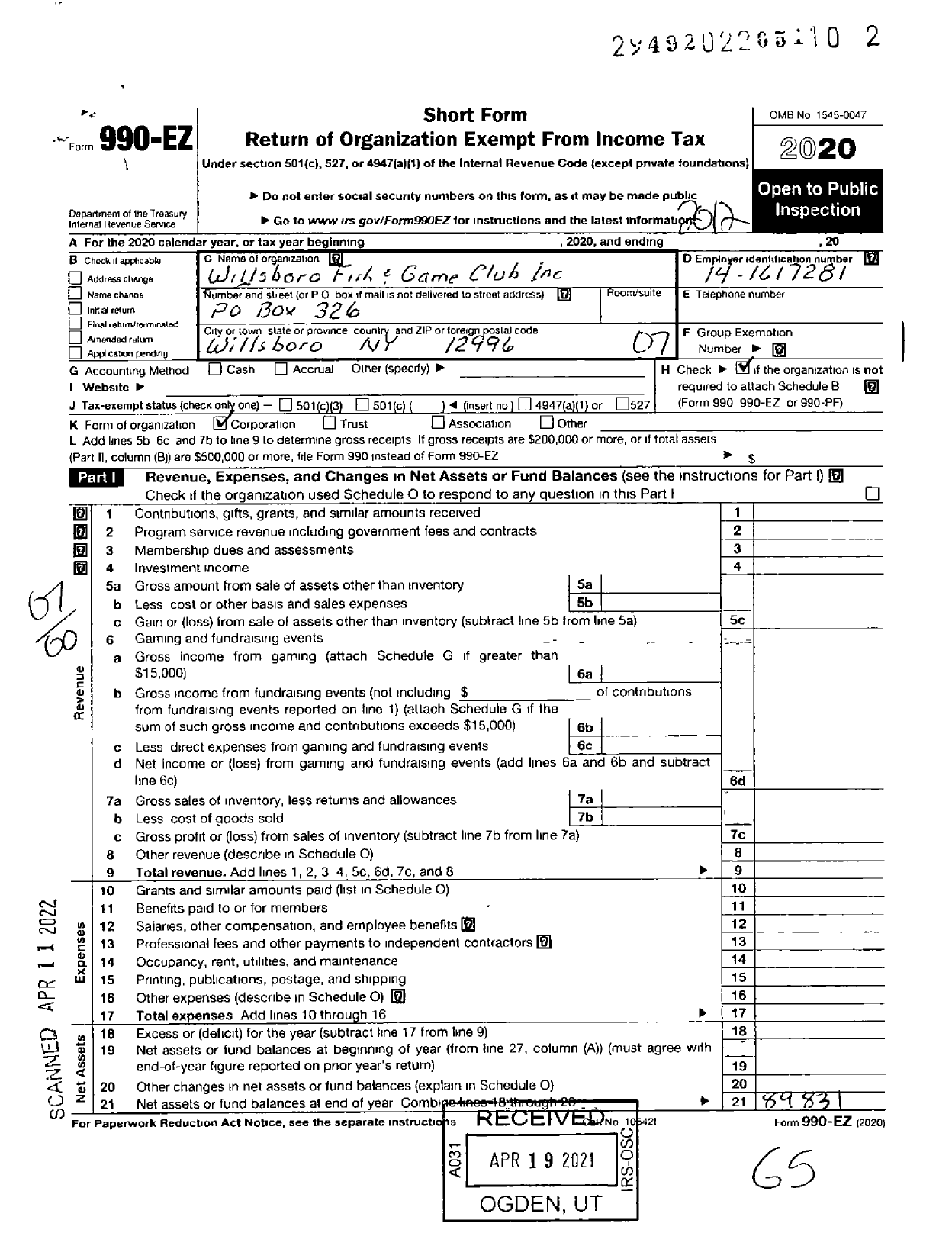 Image of first page of 2020 Form 990EO for Willsboro Fish and Game Club