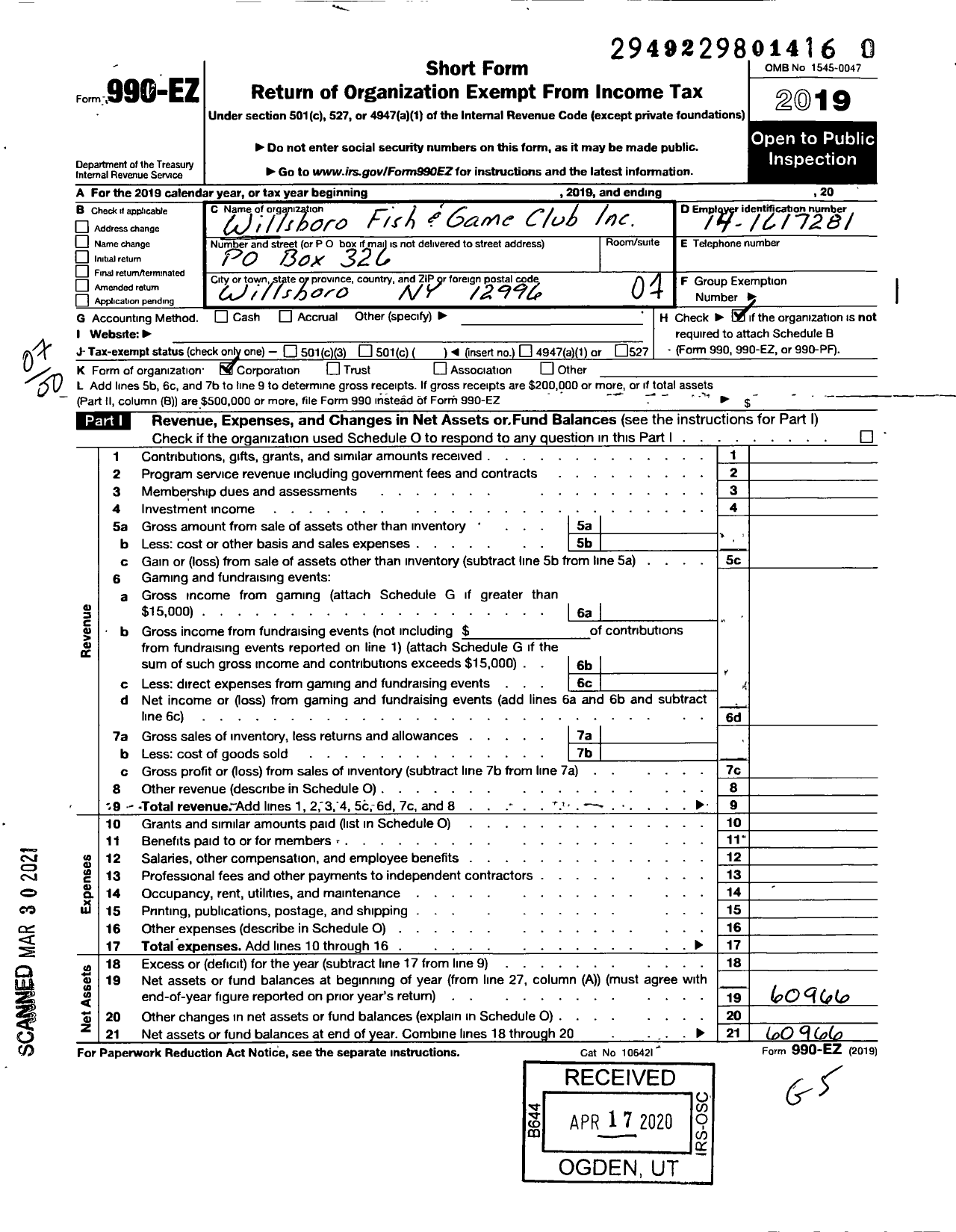 Image of first page of 2019 Form 990EO for Willsboro Fish and Game Club