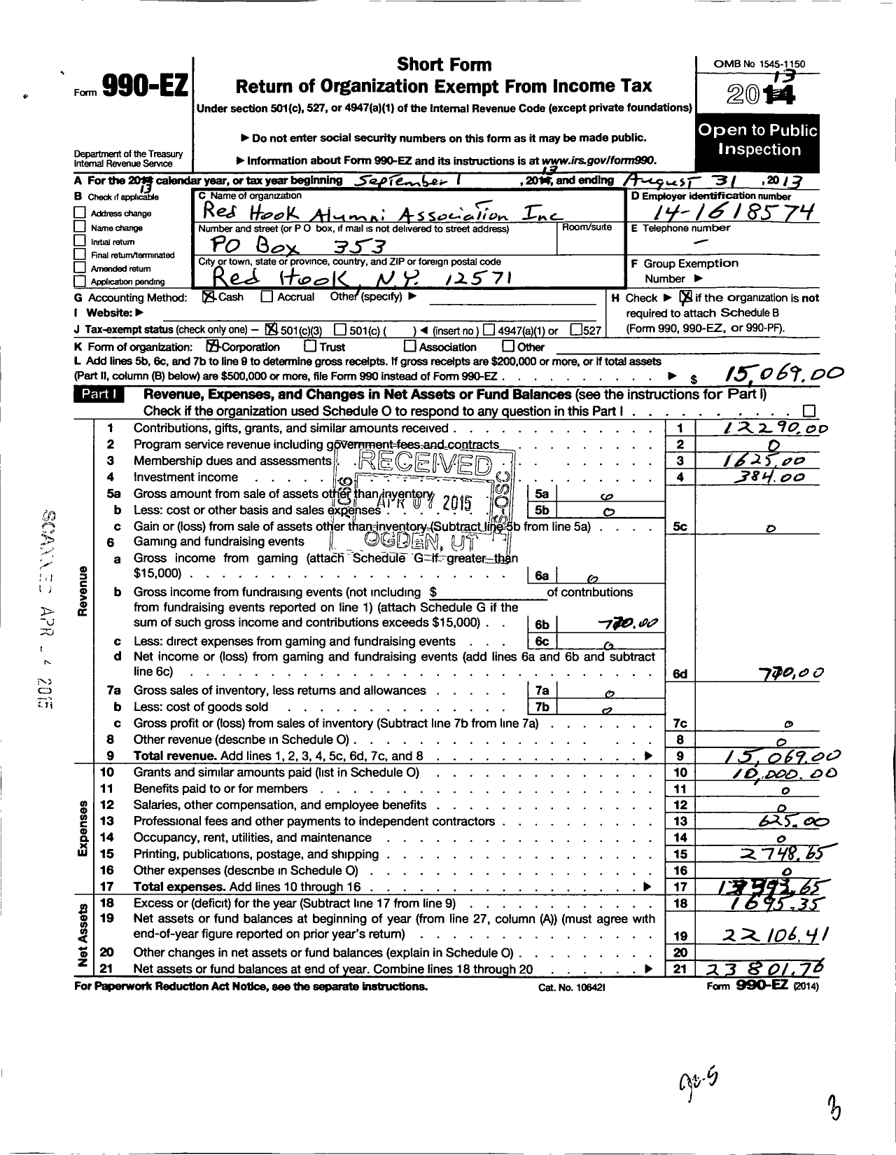 Image of first page of 2012 Form 990EZ for Red Hook Alumni Association