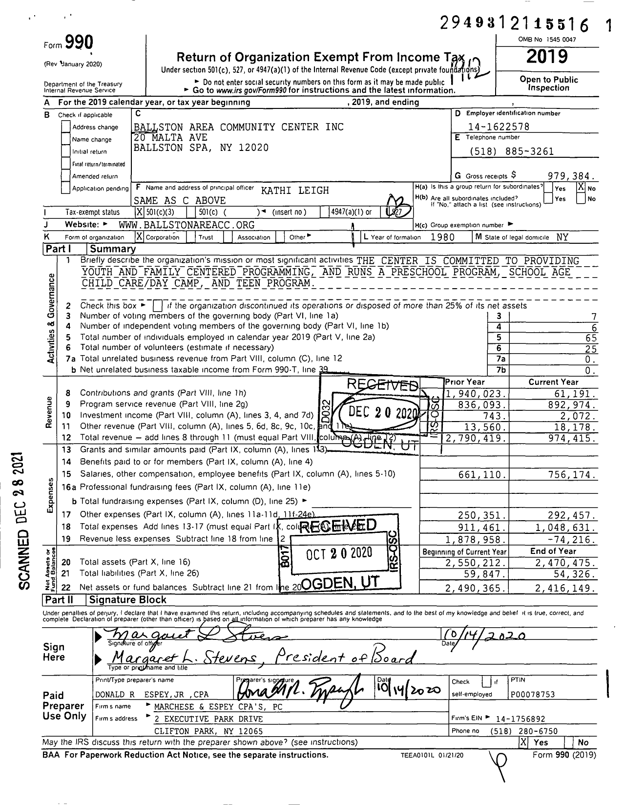 Image of first page of 2019 Form 990 for Ballston Area Community Center
