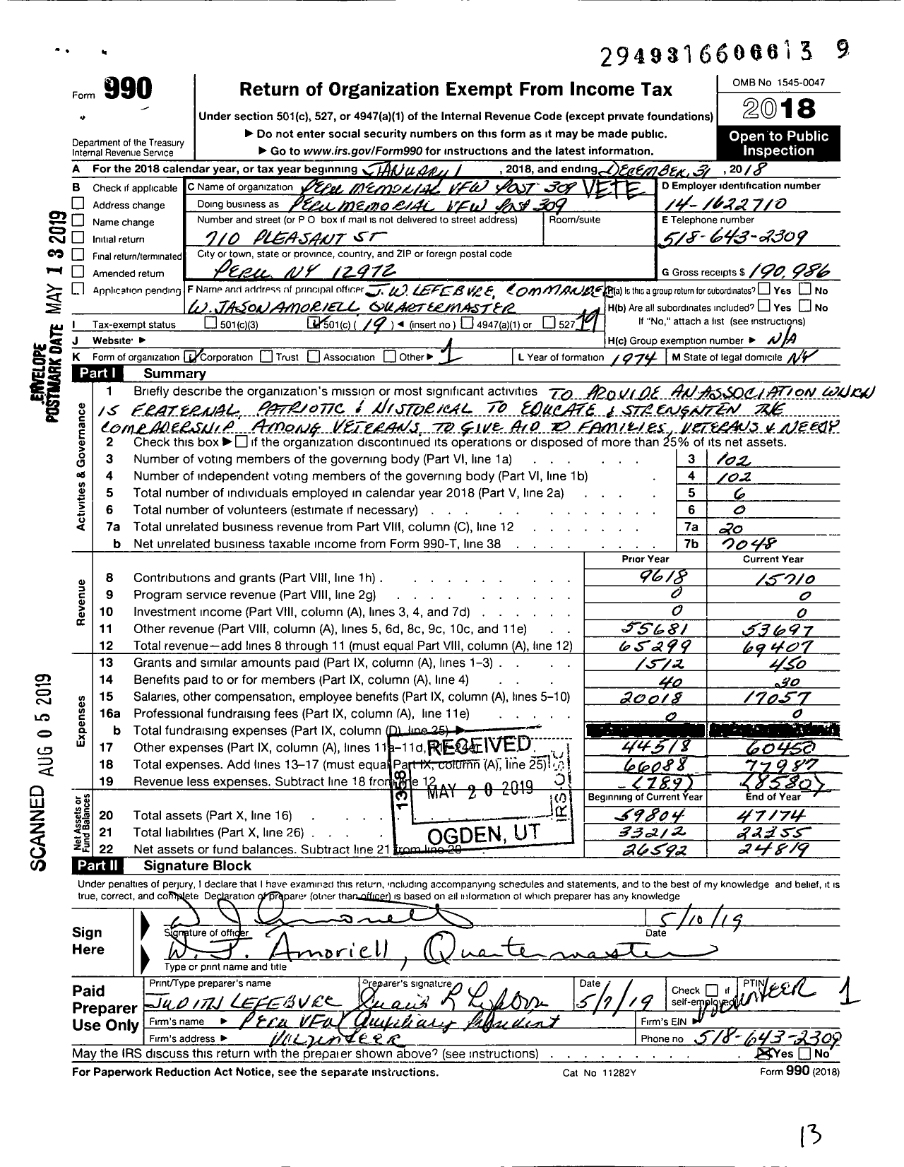 Image of first page of 2018 Form 990O for Department of Ny VFW - 309 Peru Memorial Post