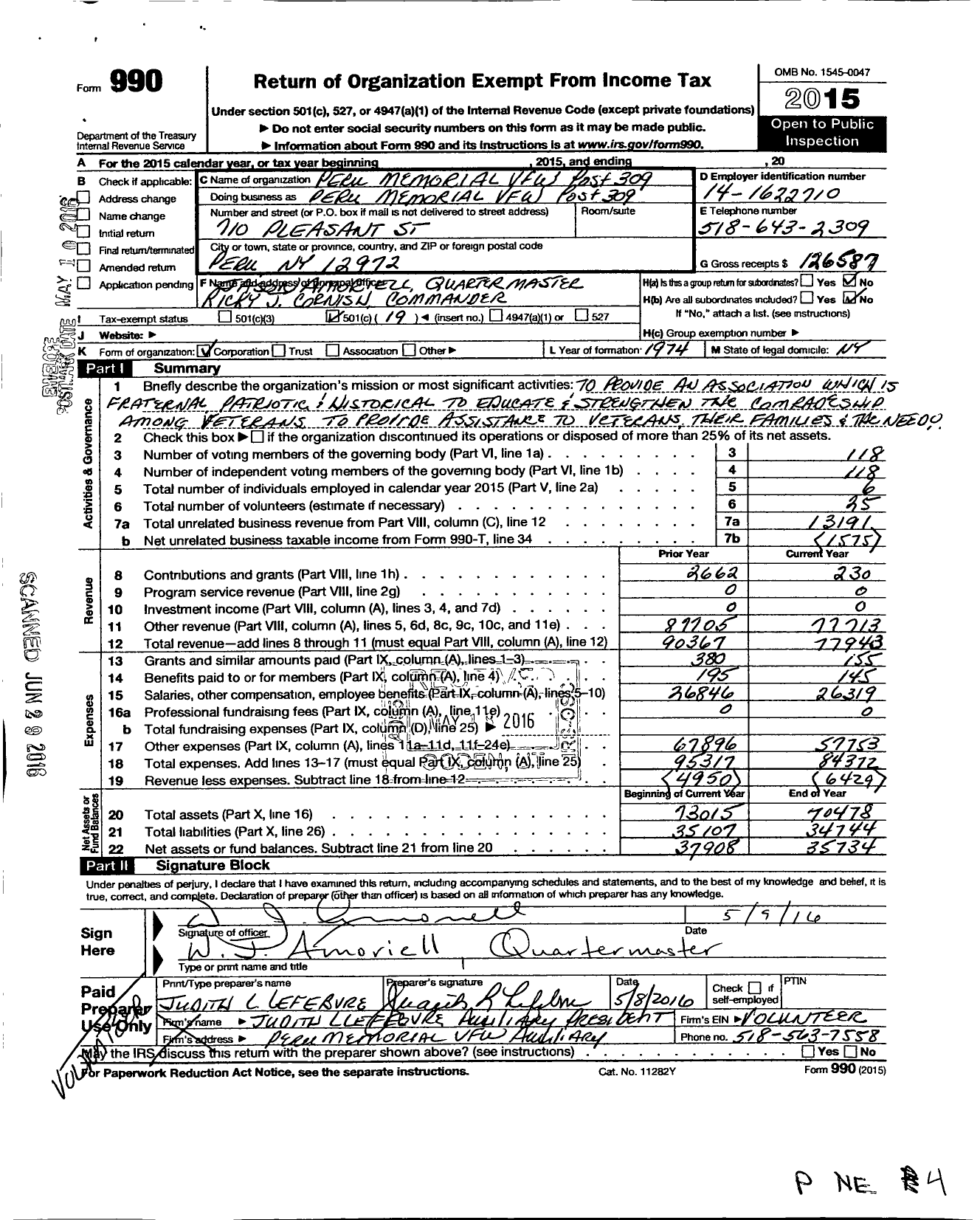 Image of first page of 2015 Form 990O for Department of Ny VFW - 309 Peru Memorial Post