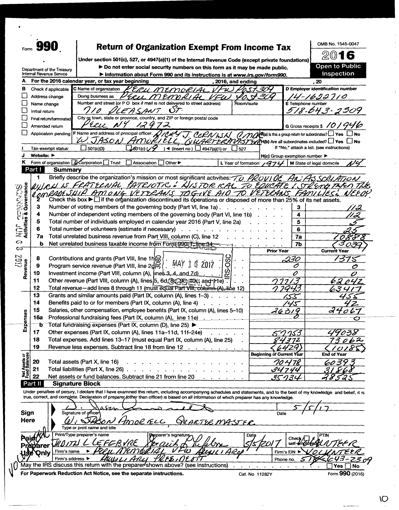 Image of first page of 2016 Form 990O for Department of Ny VFW - 309 Peru Memorial Post