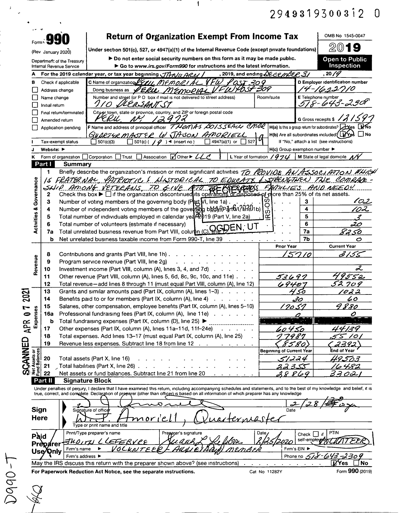 Image of first page of 2019 Form 990O for Department of Ny VFW - 309 Peru Memorial Post