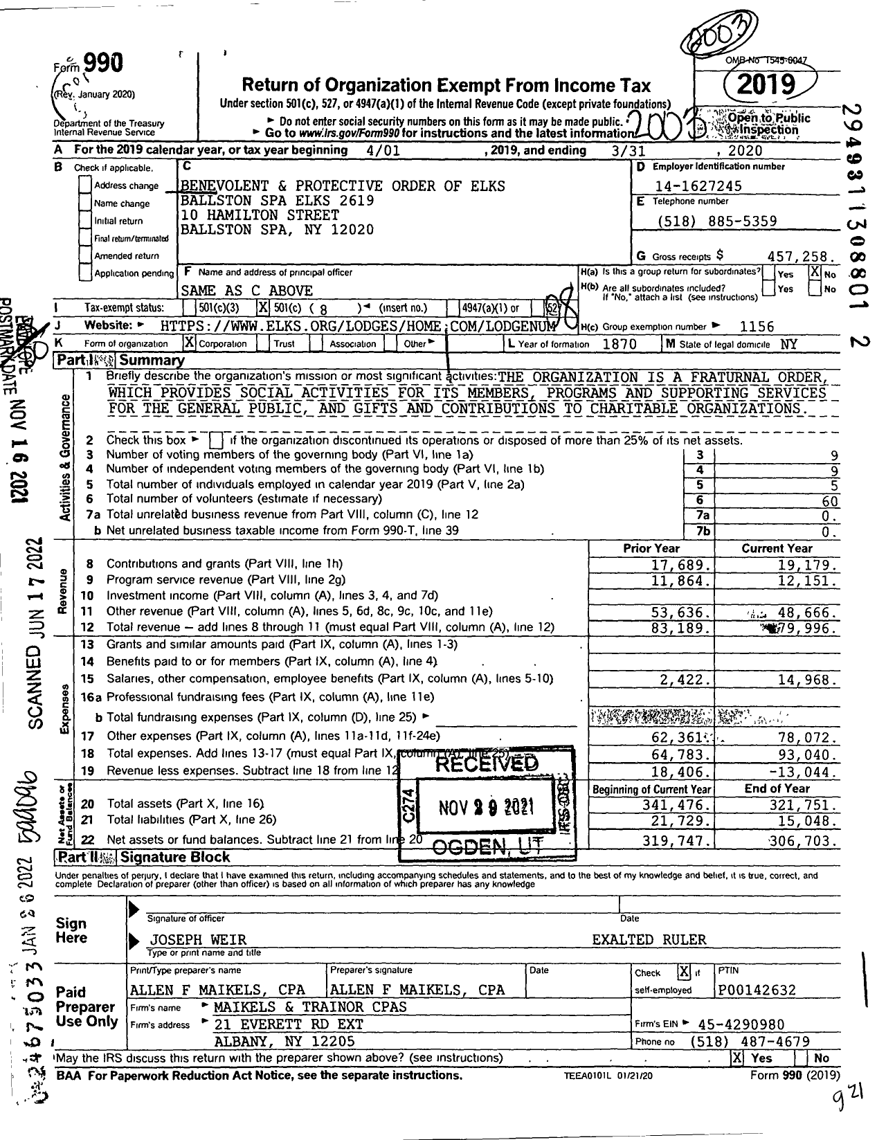 Image of first page of 2019 Form 990O for Benevolent and Protective Order of Elks - 2619 Ballston Spa