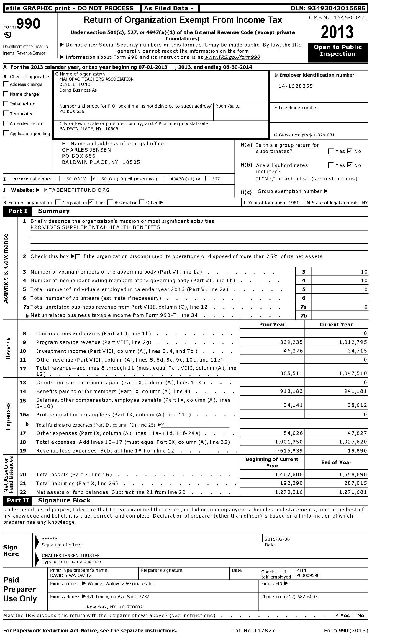 Image of first page of 2013 Form 990O for Mahopac Teachers Association Benefit Fund