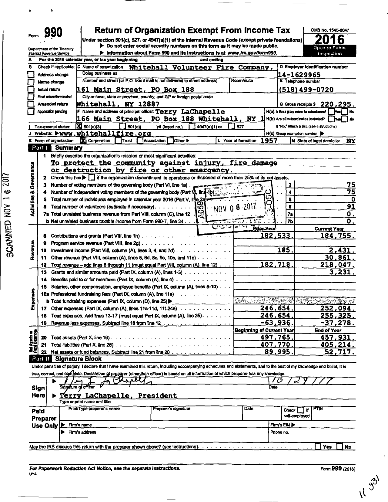 Image of first page of 2016 Form 990 for Whitehall Volunteer Fire Company