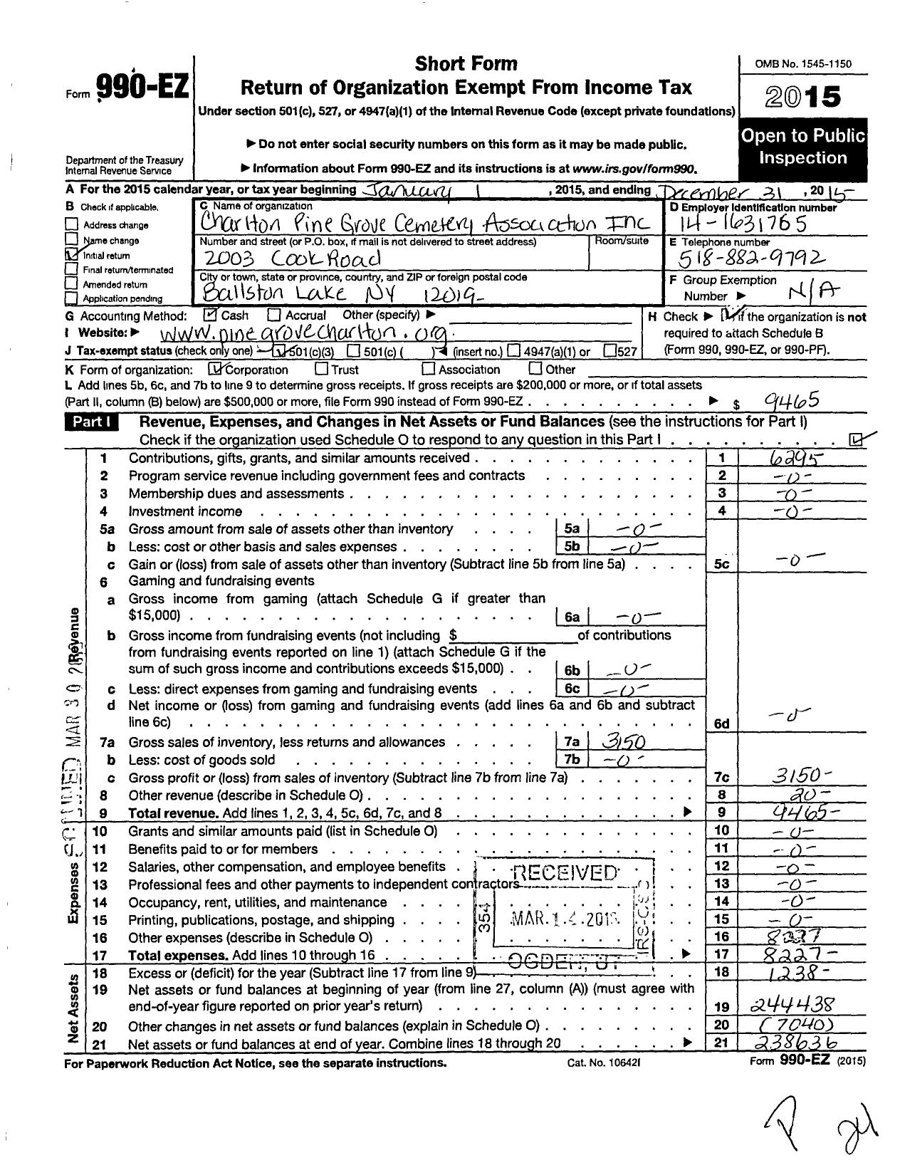 Image of first page of 2015 Form 990EZ for Charlton Pine Grove Cemetery Association