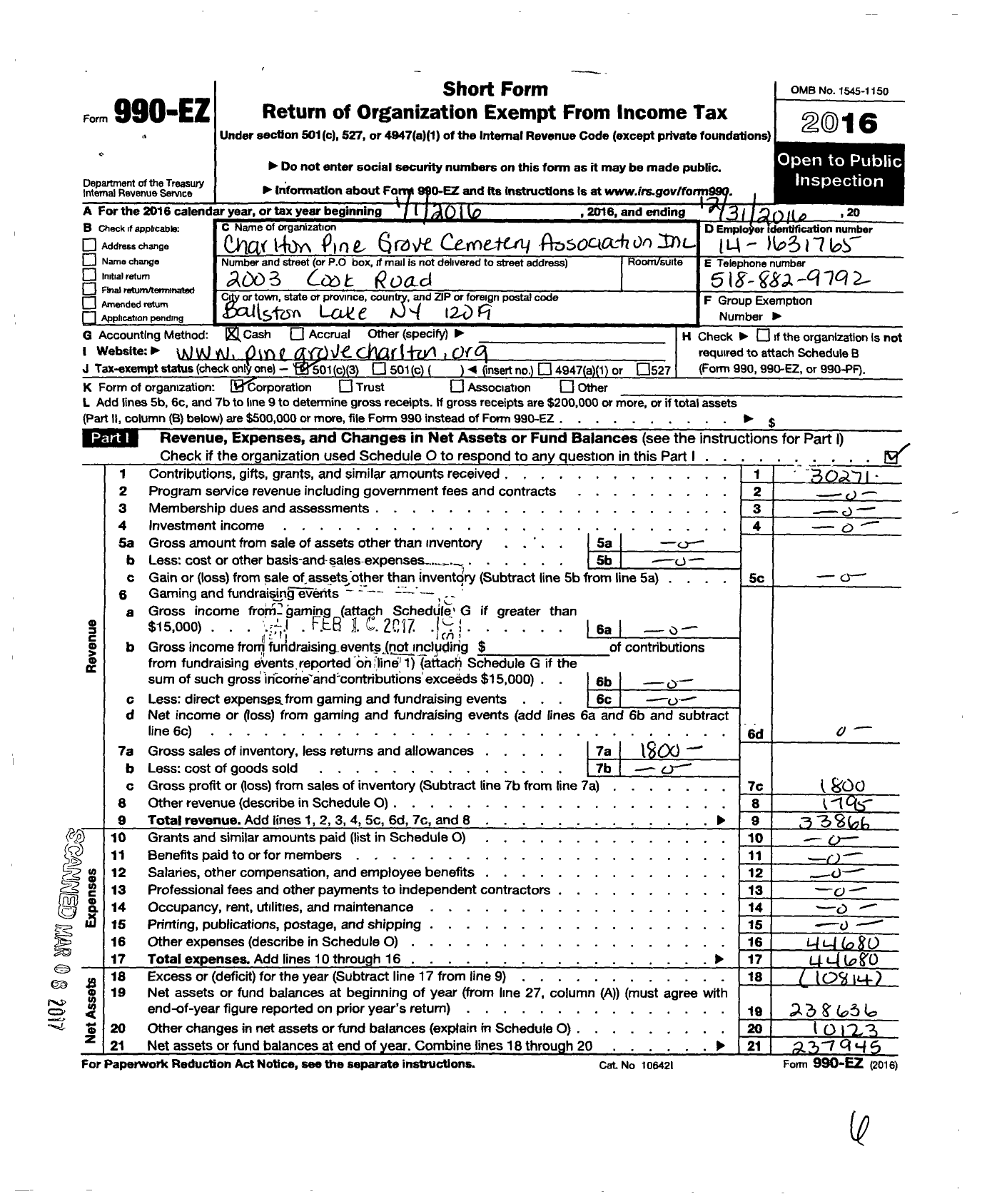 Image of first page of 2016 Form 990EZ for Charlton Pine Grove Cemetery Association