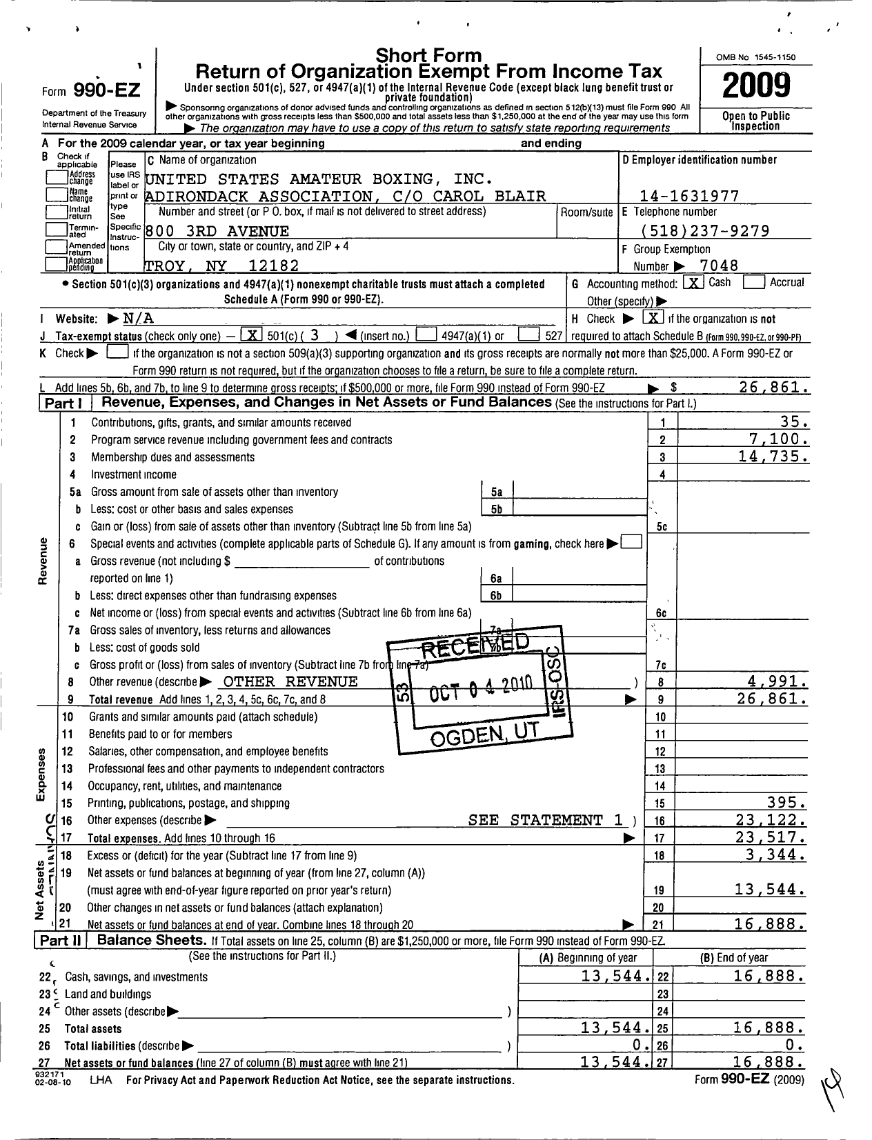 Image of first page of 2009 Form 990EZ for United States Amateur Boxing / Adirondack Assoc