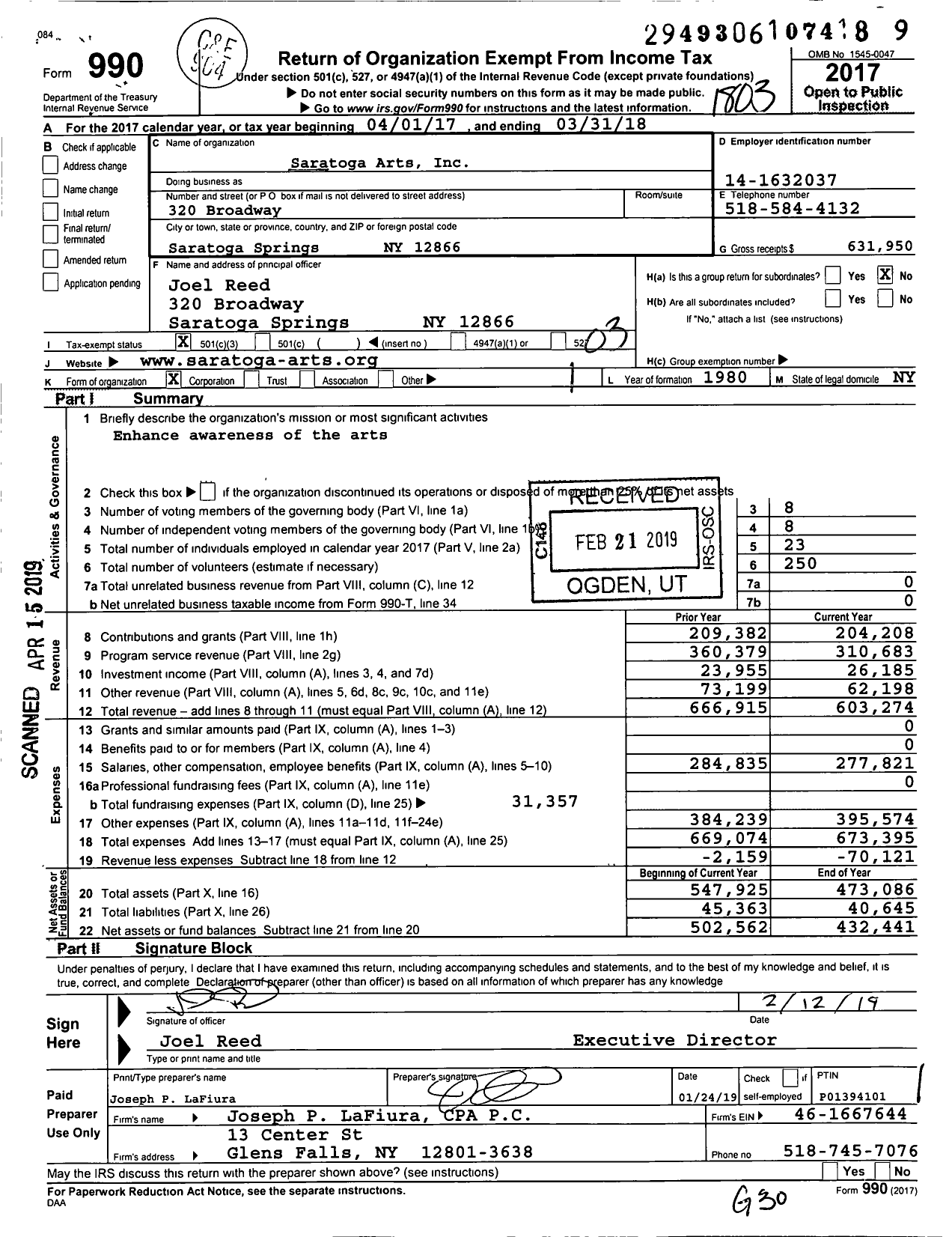 Image of first page of 2017 Form 990 for Saratoga Arts