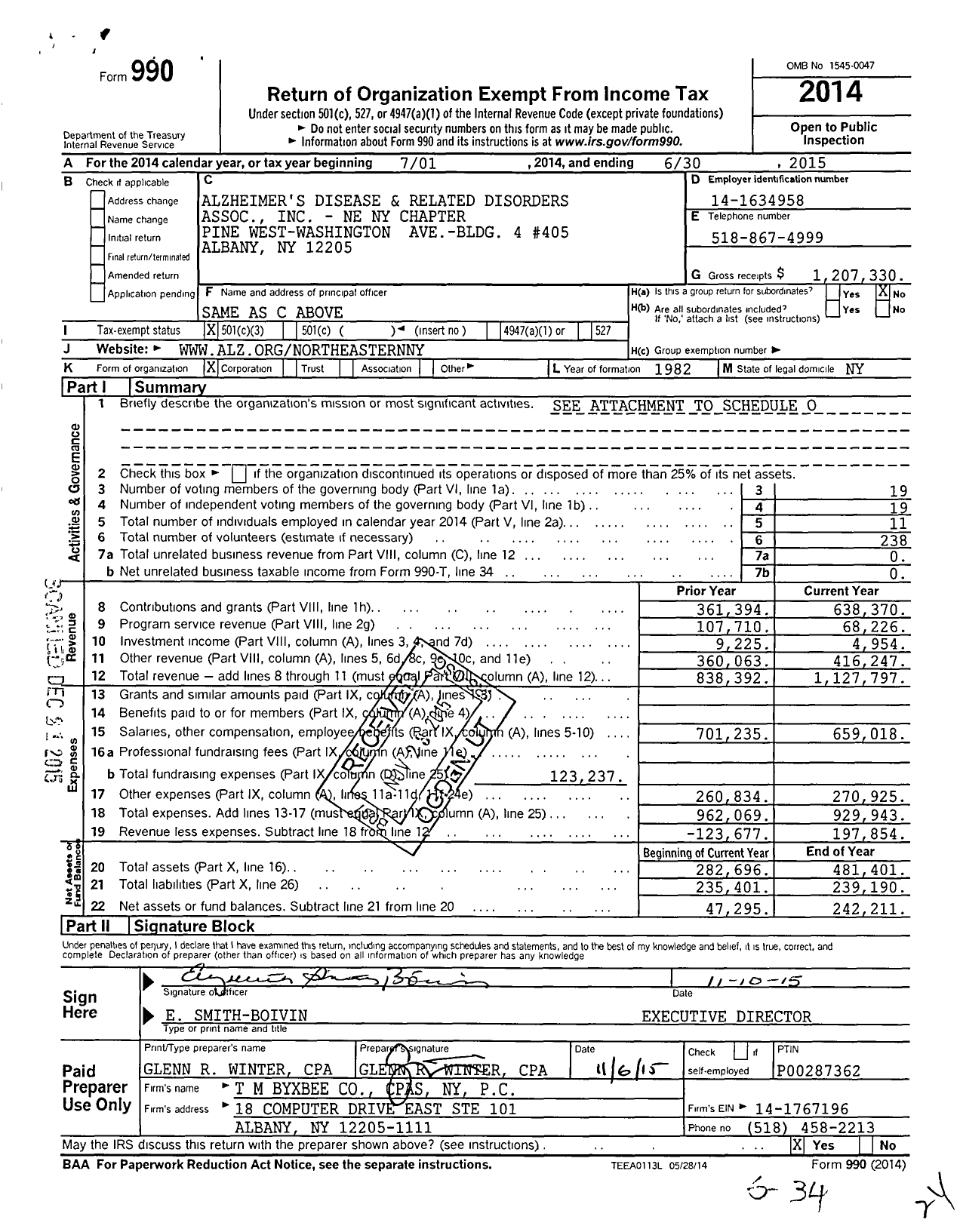 Image of first page of 2014 Form 990 for Alzheimer's Association - Northeastern New York Chapter