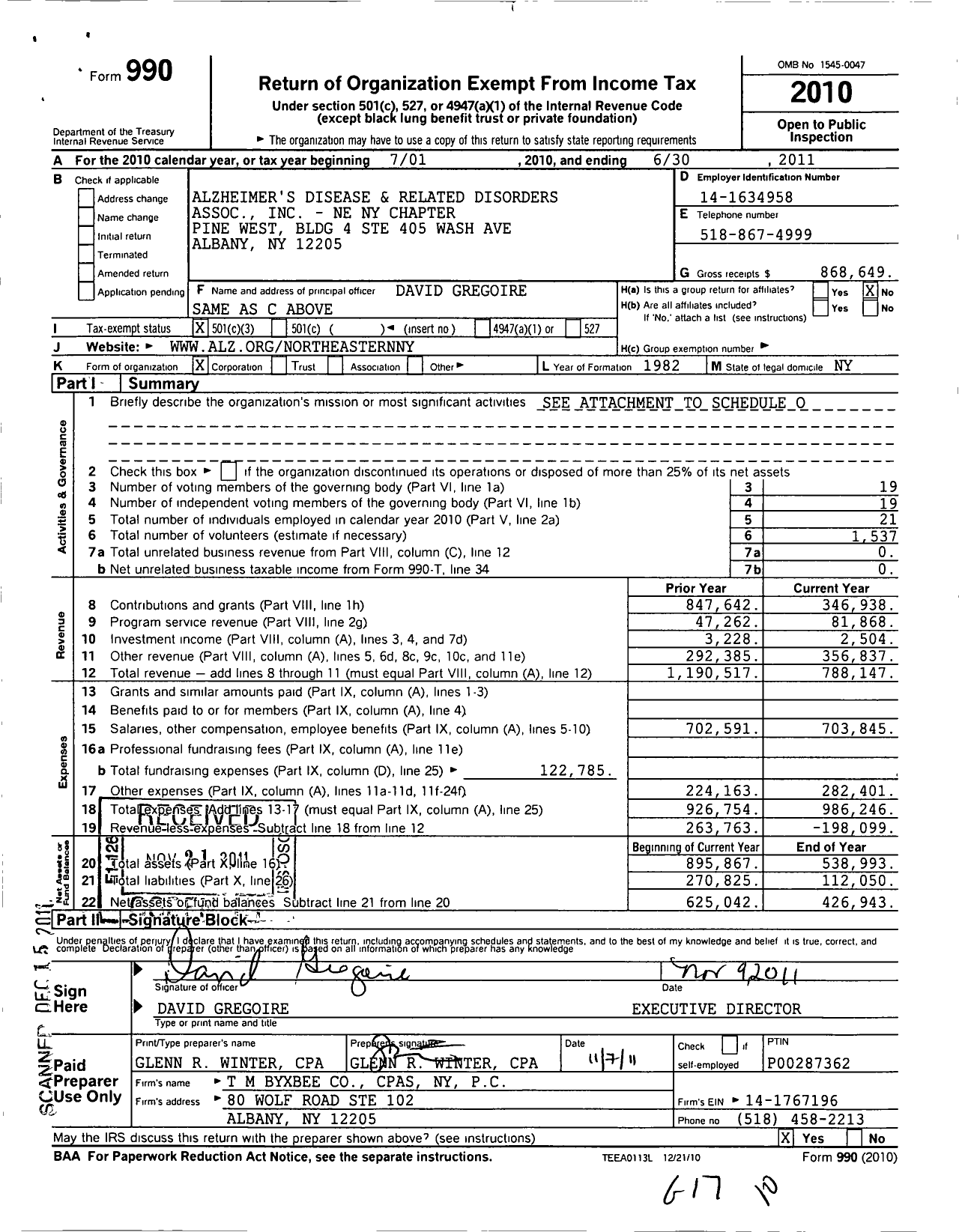 Image of first page of 2010 Form 990 for Alzheimer's Association - Northeastern New York Chapter