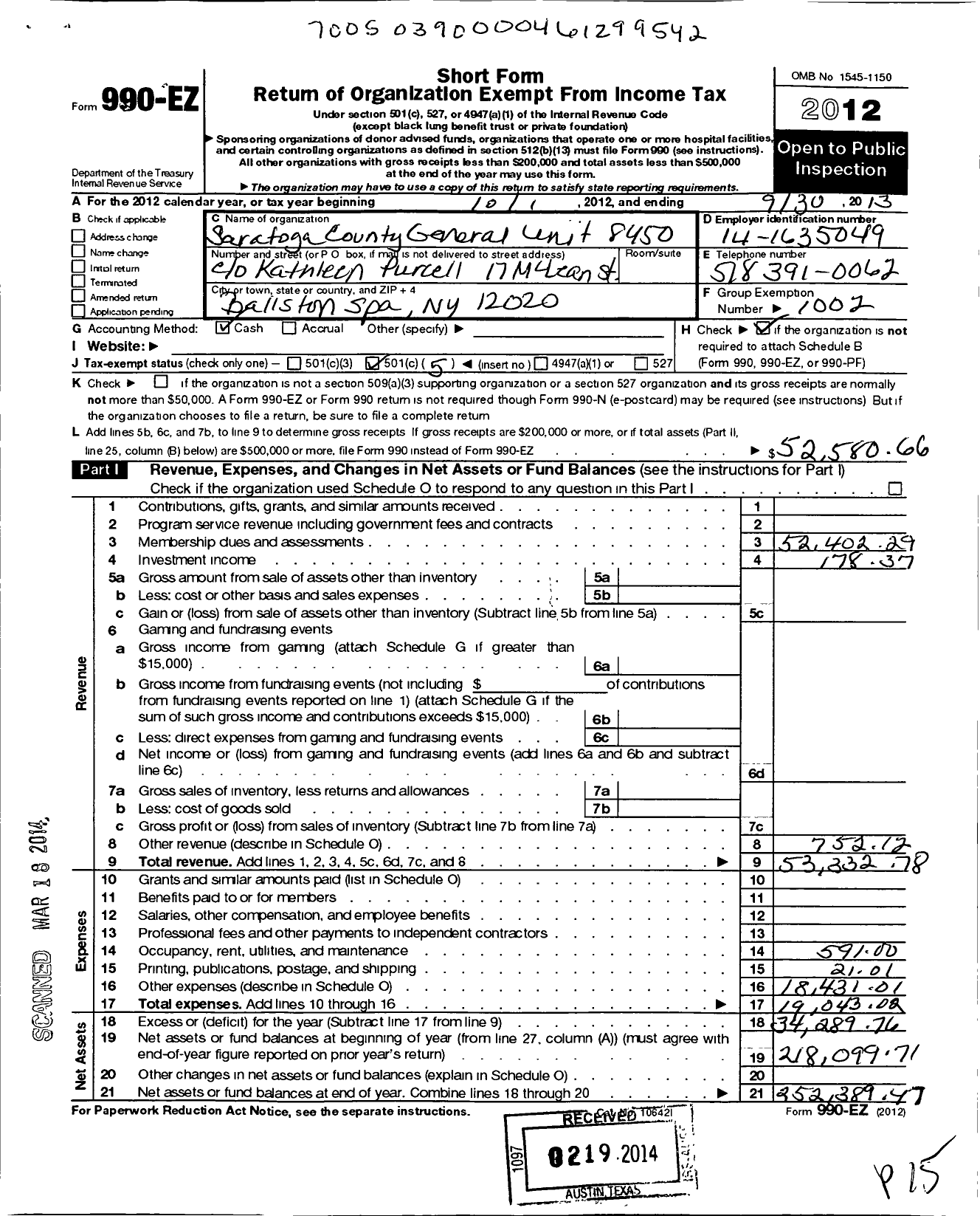 Image of first page of 2012 Form 990EO for Civil Service Employees Association - 0846-845000 Saratoga County Unit