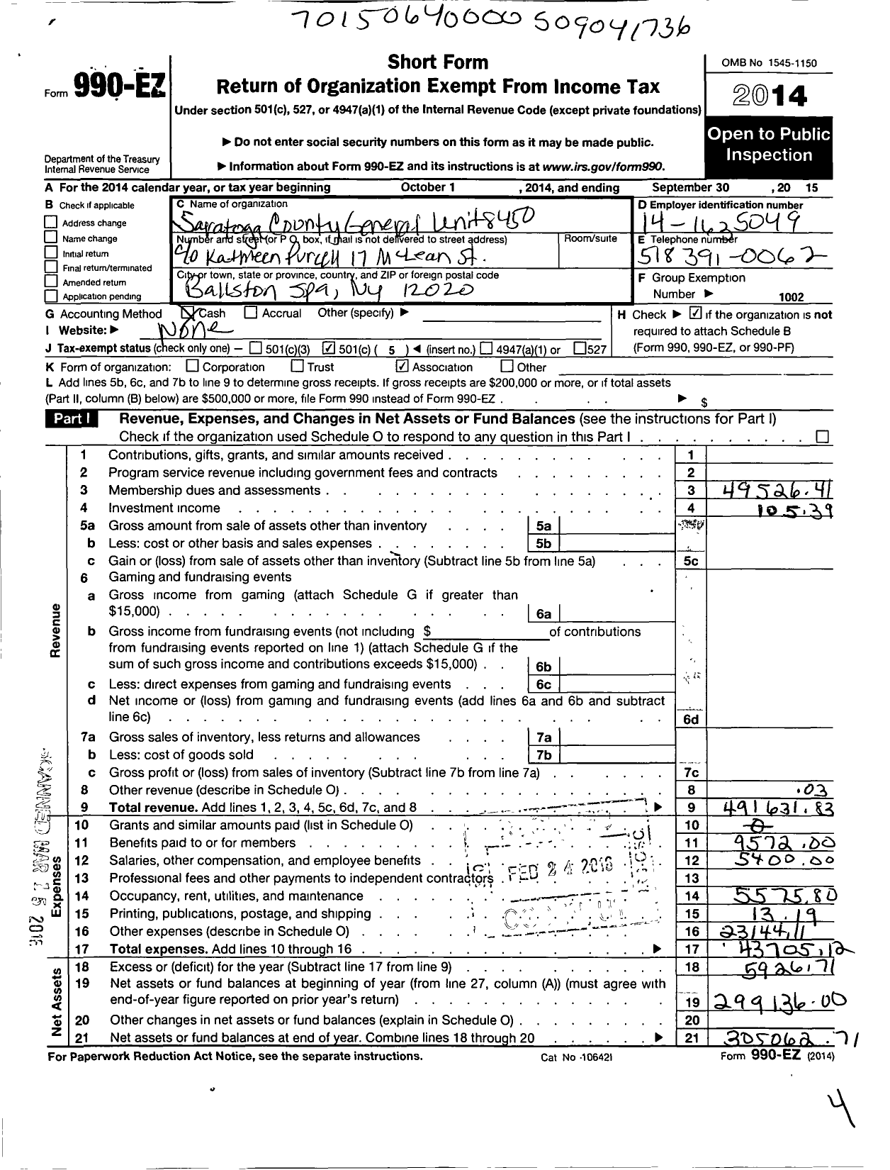 Image of first page of 2014 Form 990EO for Civil Service Employees Association - 0846-845000 Saratoga County Unit