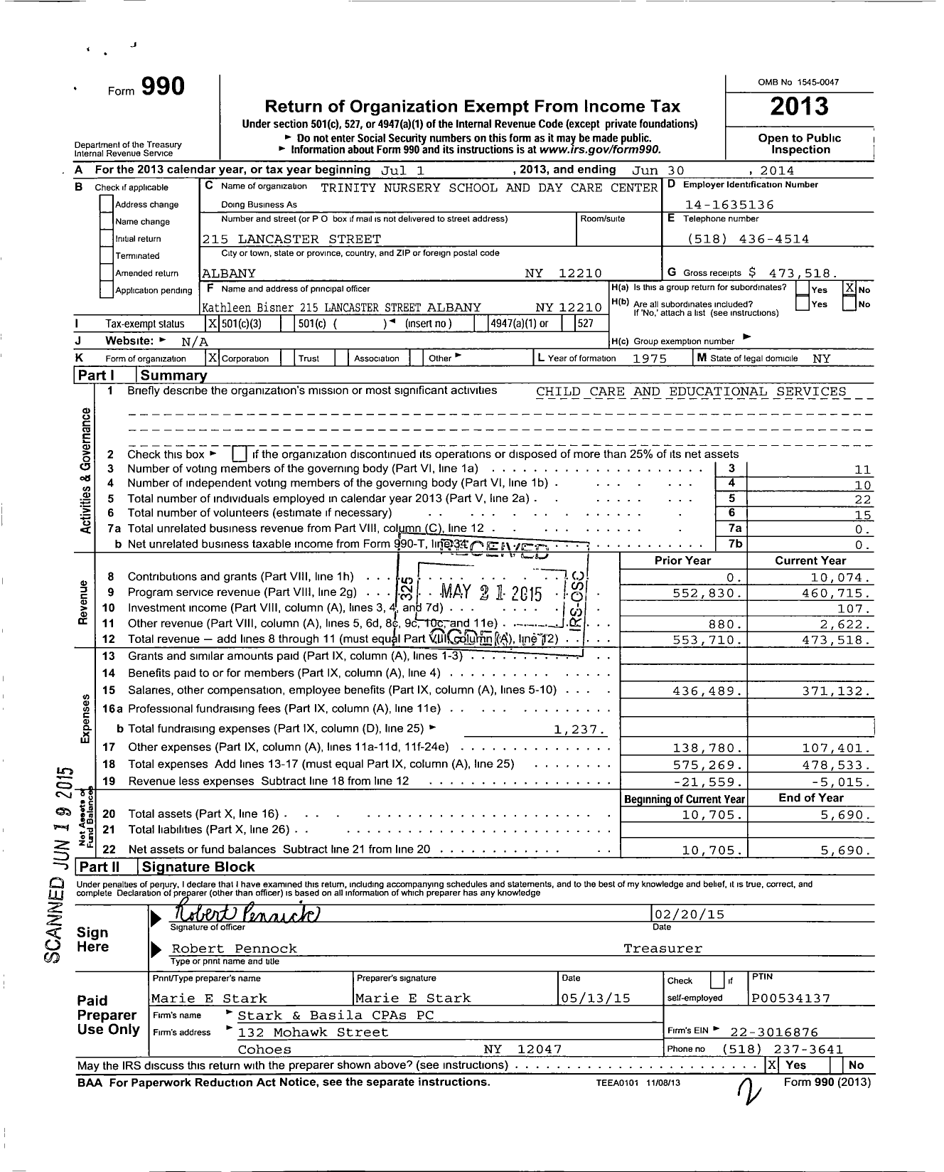 Image of first page of 2013 Form 990 for Trinity Nursery School and Day Care Center