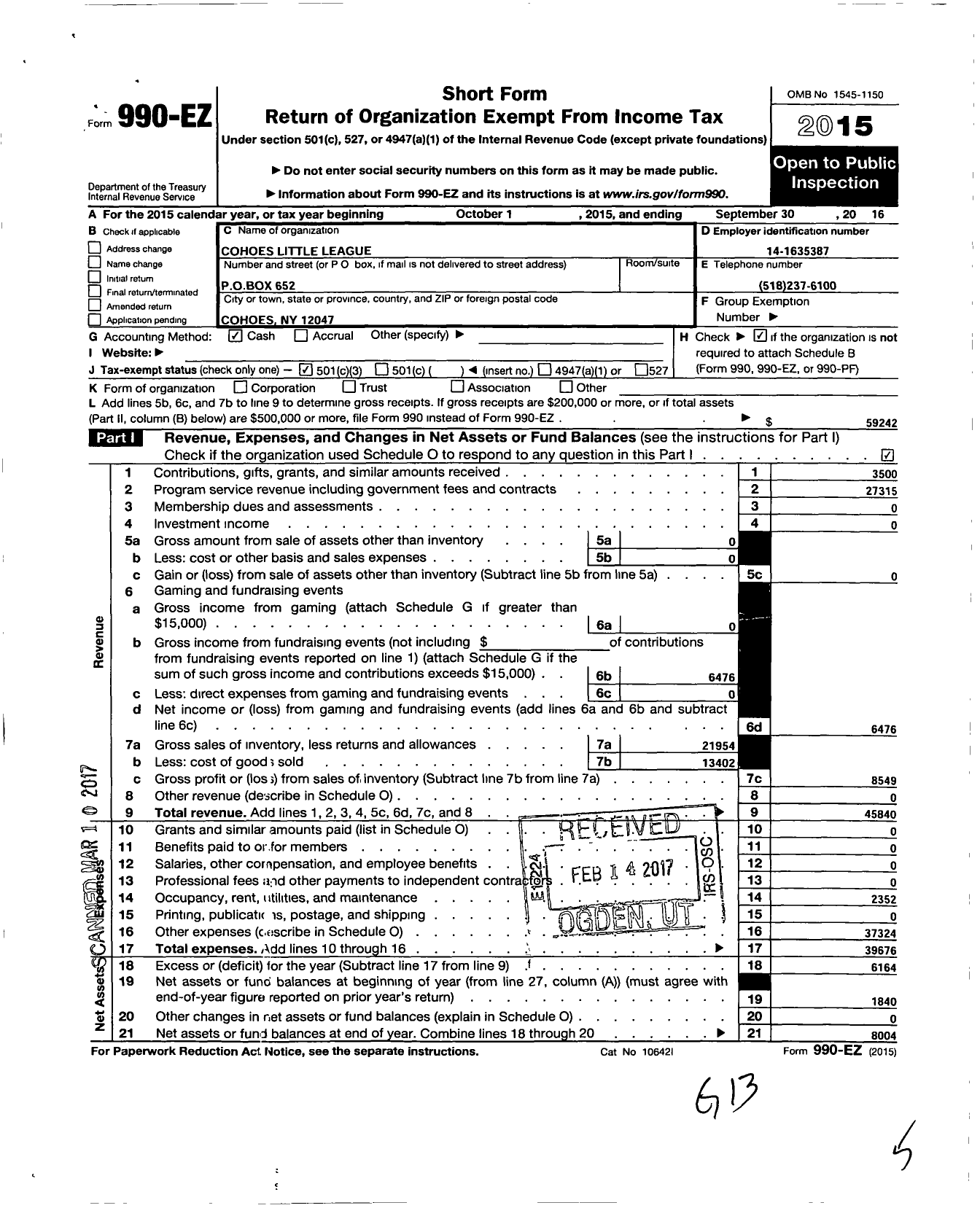 Image of first page of 2015 Form 990EZ for Little League Baseball - 2321405 Cohoes LL