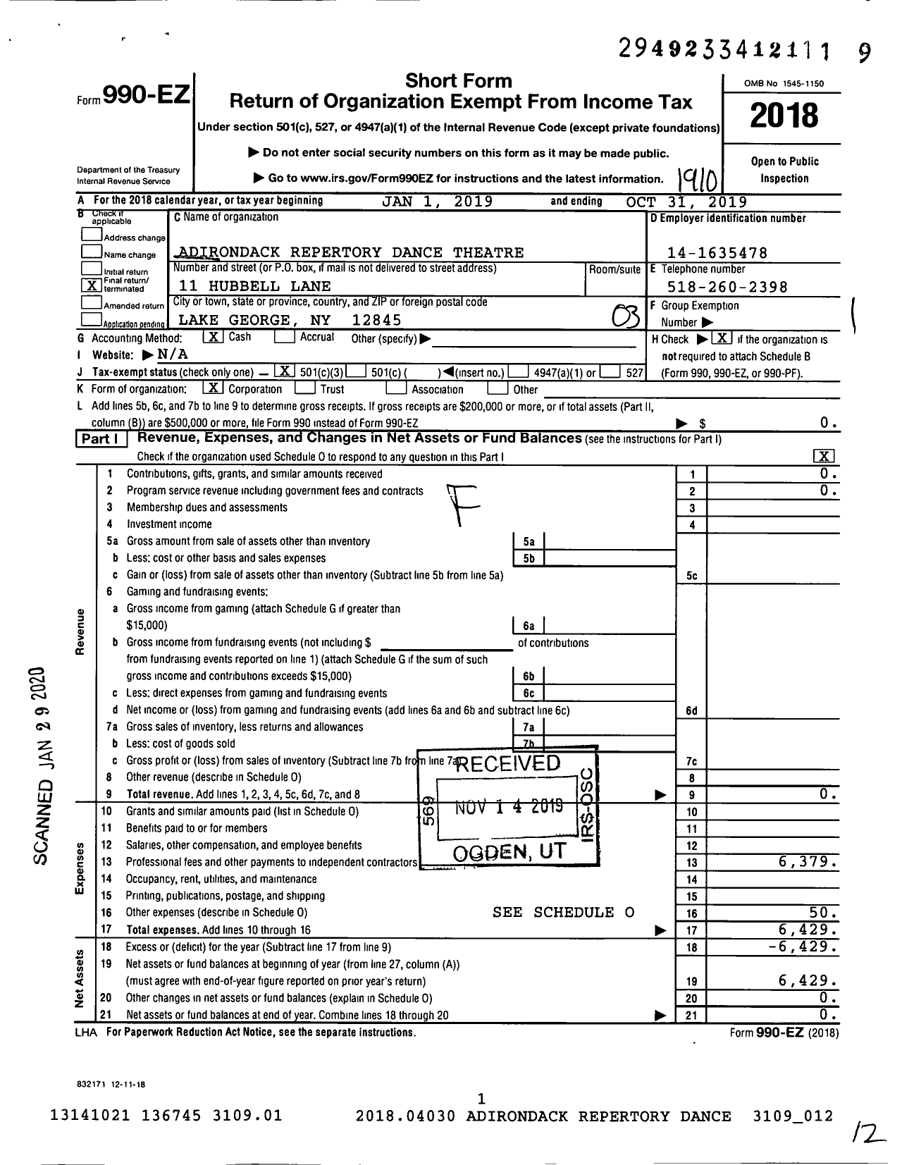 Image of first page of 2018 Form 990EZ for Adirondack Repertory Dance Theatre